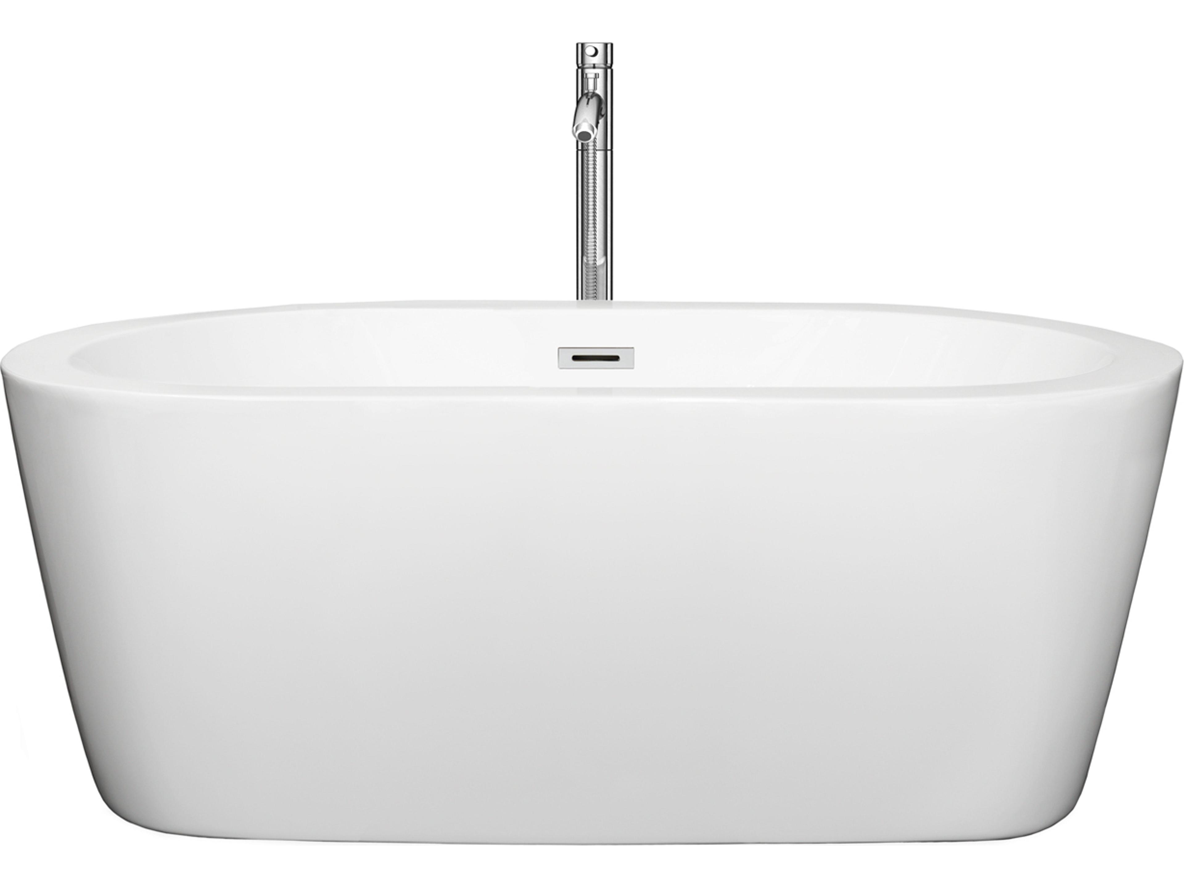 Wyndham Collection Mermaid White Bathtub with Floor Mounted Faucet, Drain and Overflow Trim