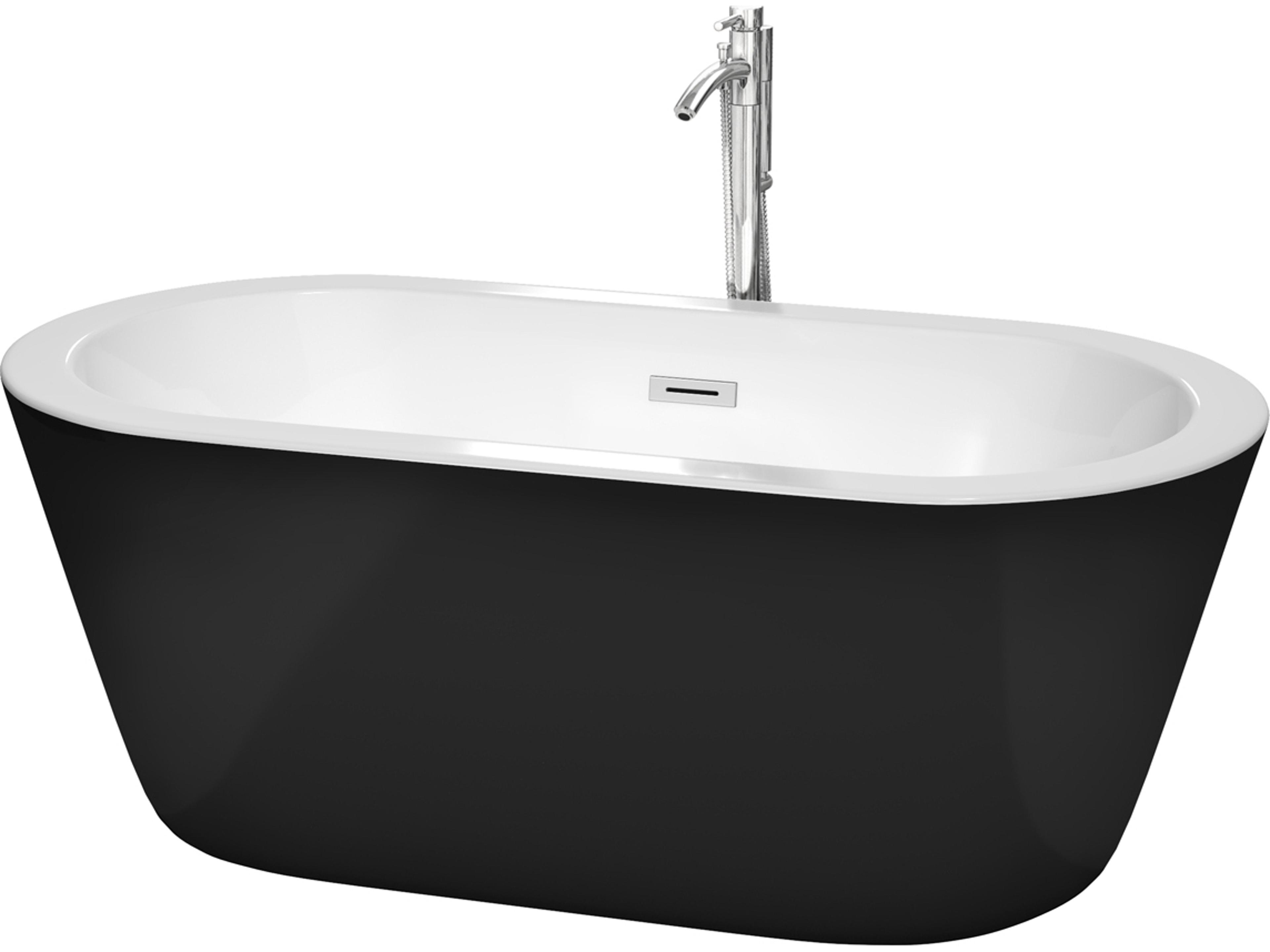 Wyndham Collection Mermaid Black White Bathtub with Floor Mounted Faucet, Drain and Overflow Trim