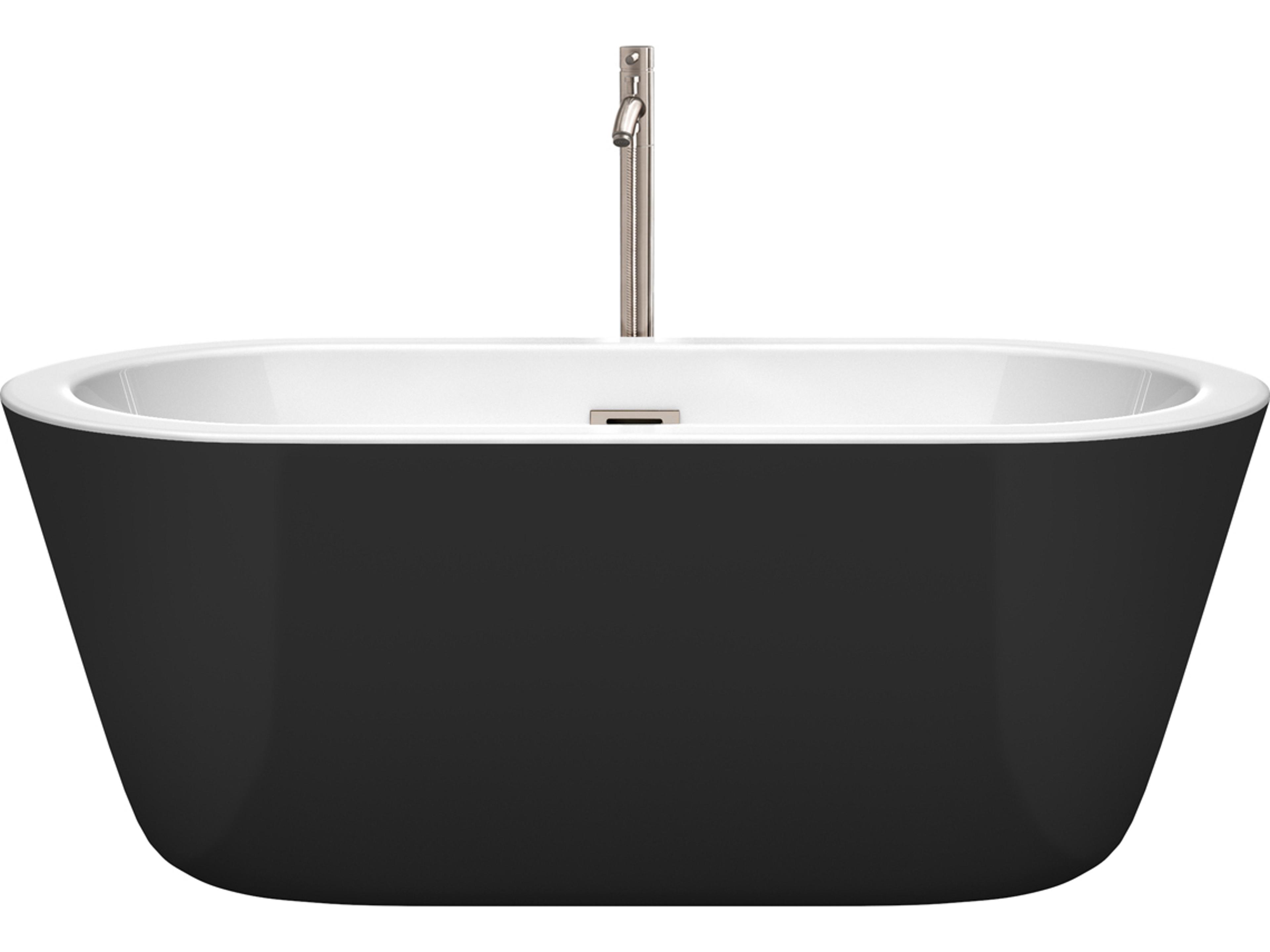 Wyndham Collection Mermaid Black White Bathtub with Floor Mounted Faucet, Drain and Overflow Trim