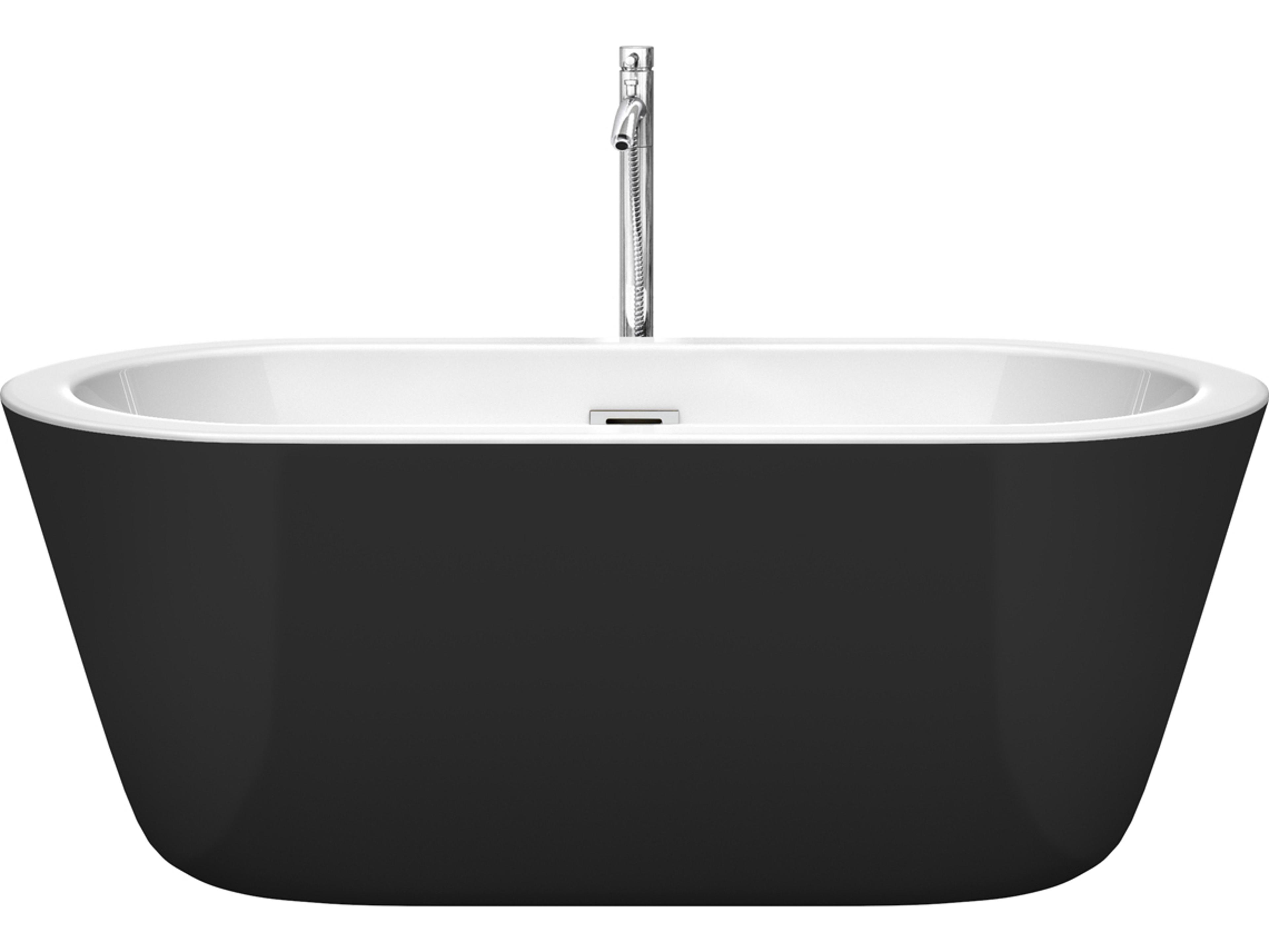 Wyndham Collection Mermaid Black White Bathtub with Floor Mounted Faucet, Drain and Overflow Trim