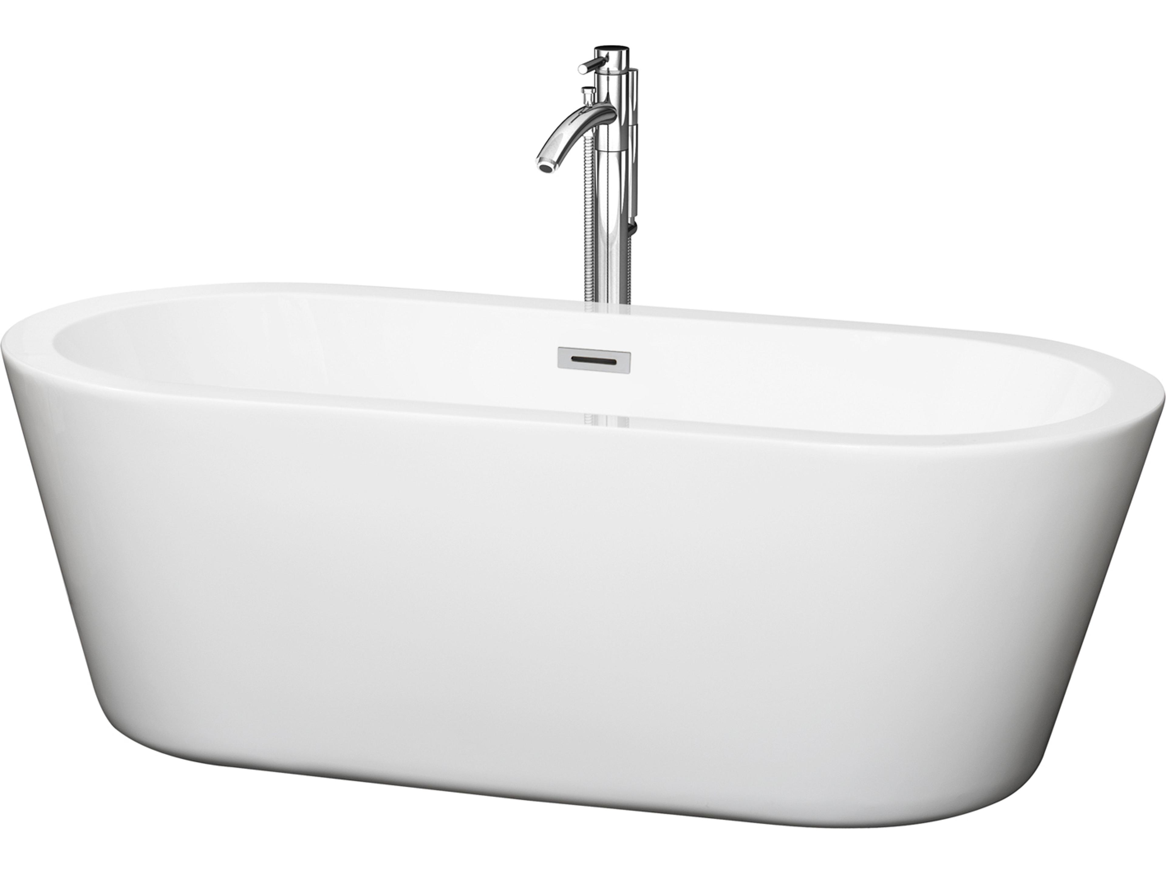 Wyndham Collection Mermaid White Bathtub with Floor Mounted Faucet, Drain and Overflow Trim