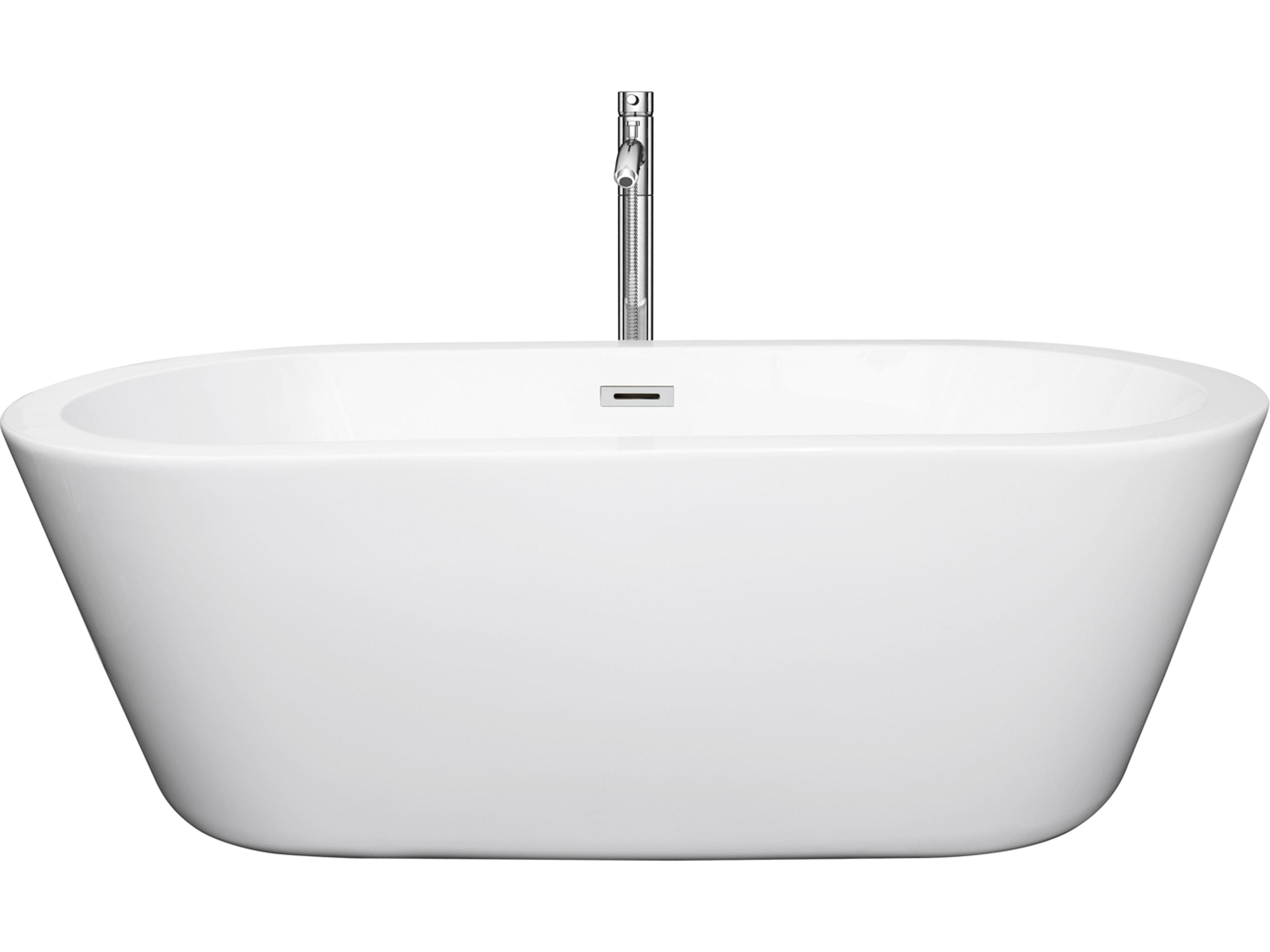 Wyndham Collection Mermaid White Bathtub with Floor Mounted Faucet, Drain and Overflow Trim
