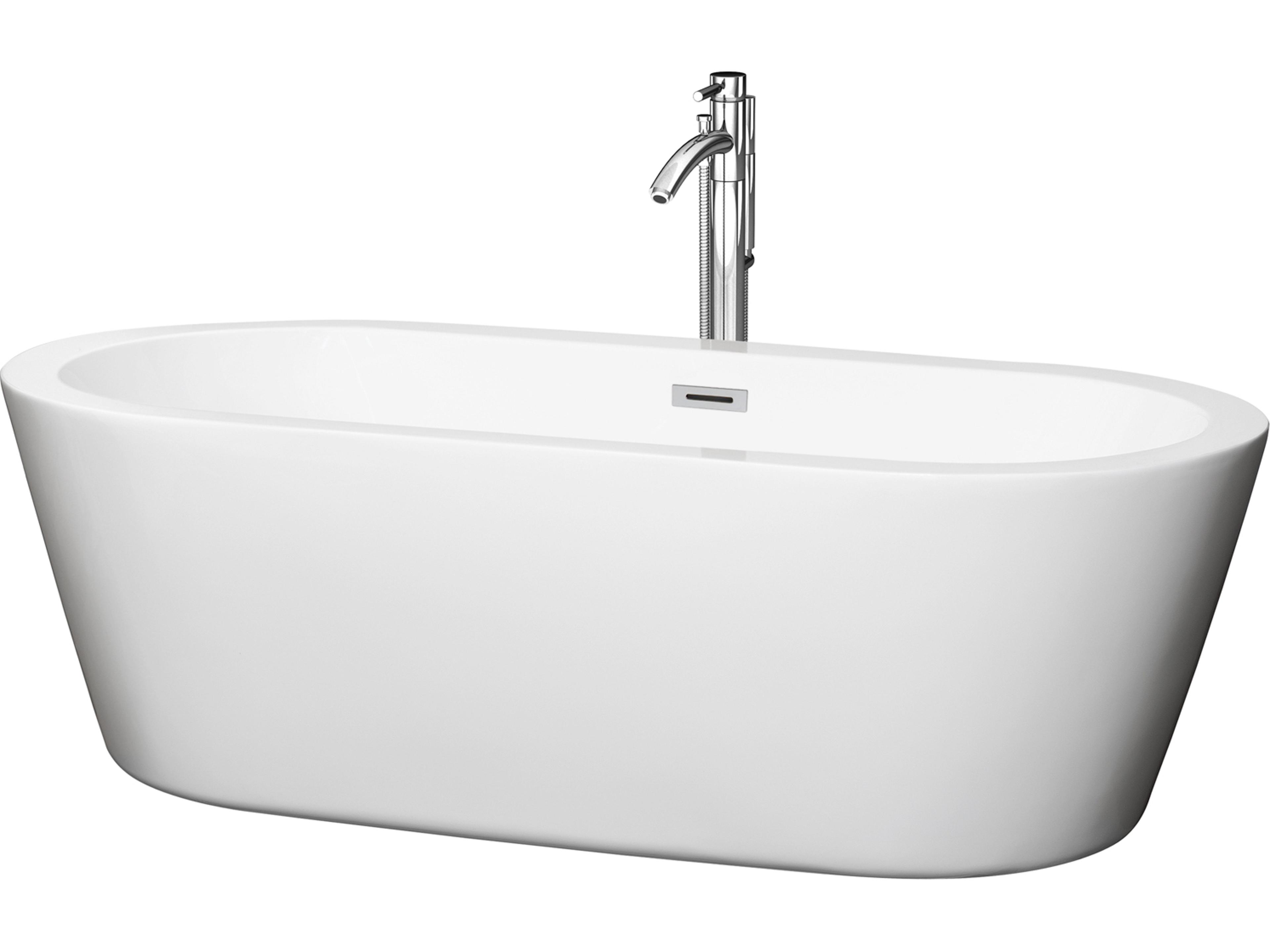 Wyndham Collection Mermaid White Bathtub with Floor Mounted Faucet, Drain and Overflow Trim