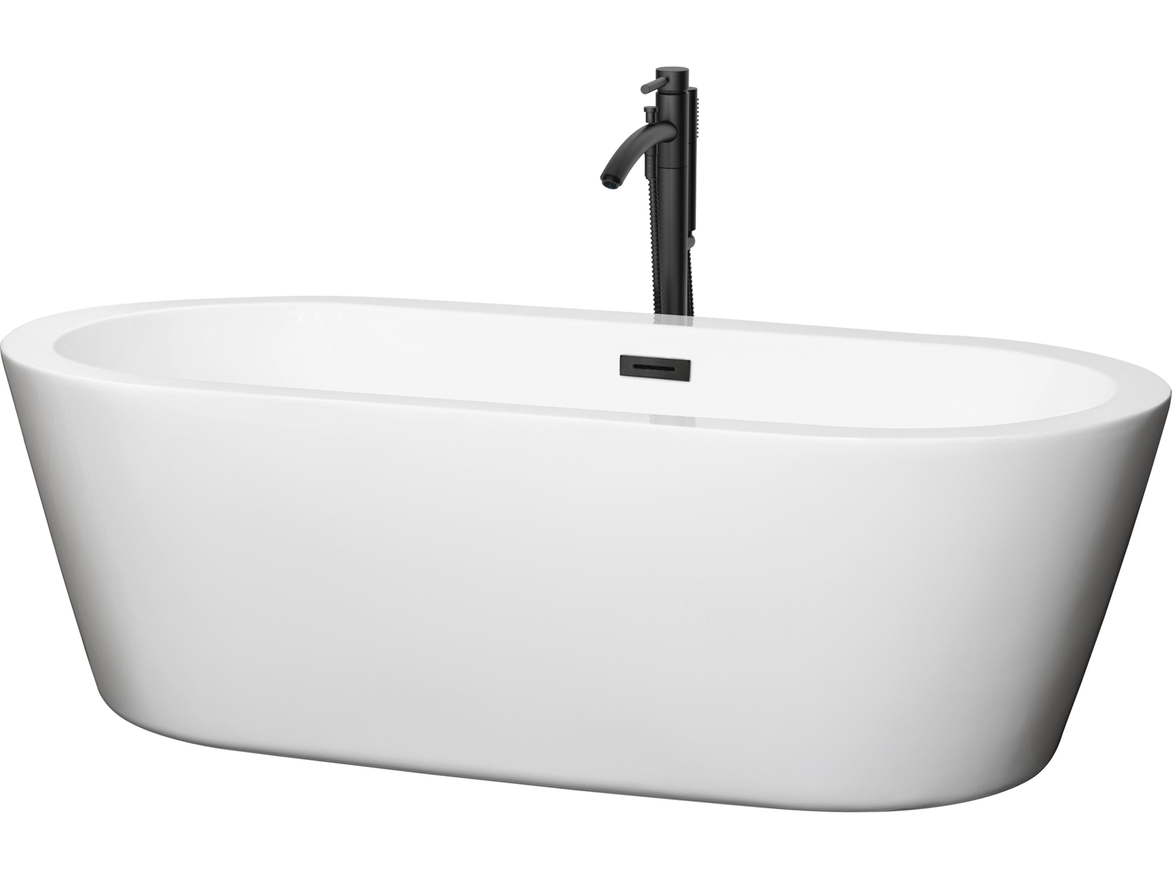 Wyndham Collection Mermaid White Bathtub with Floor Mounted Faucet, Drain and Overflow Trim