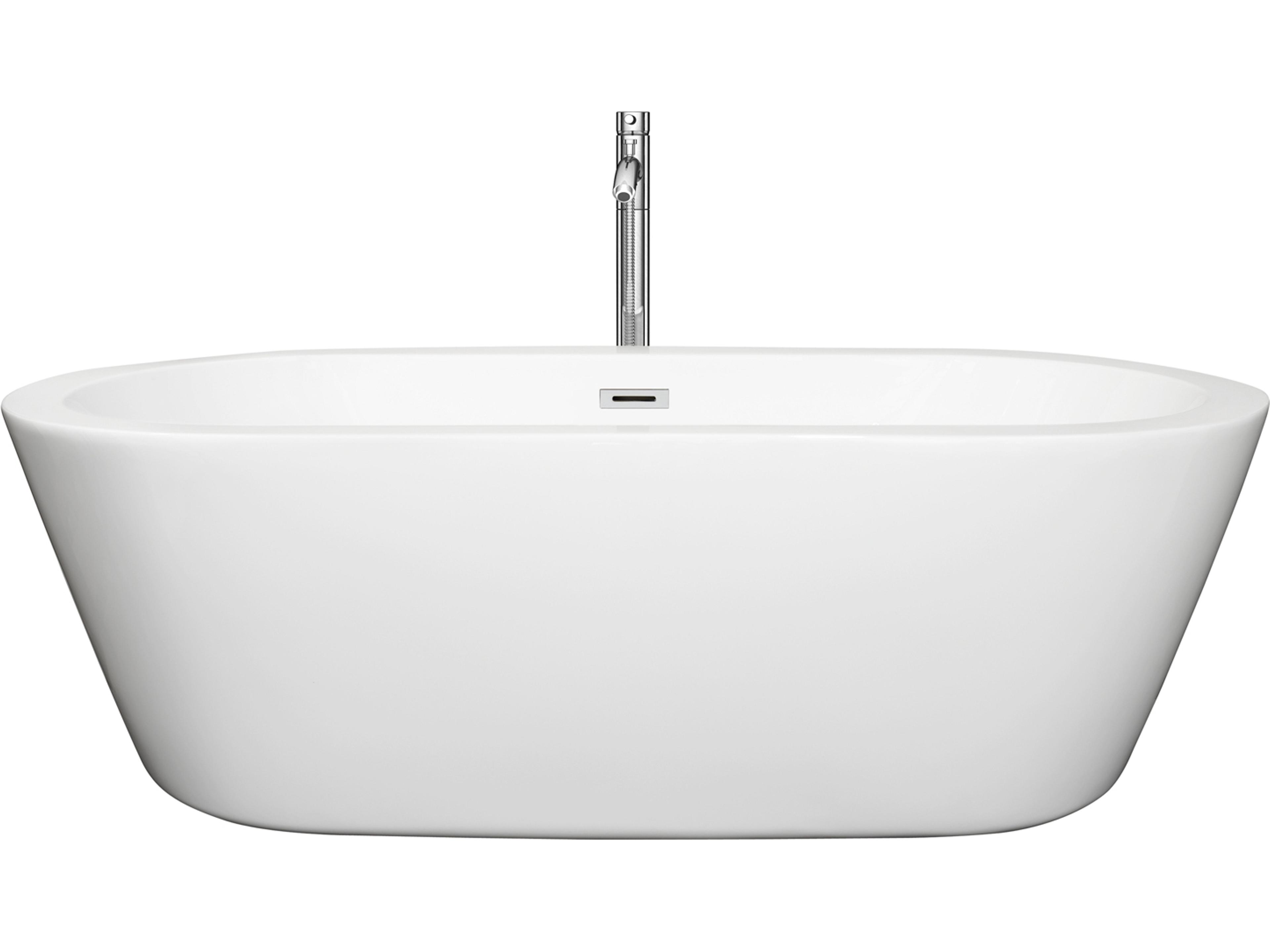 Wyndham Collection Mermaid White Bathtub with Floor Mounted Faucet, Drain and Overflow Trim