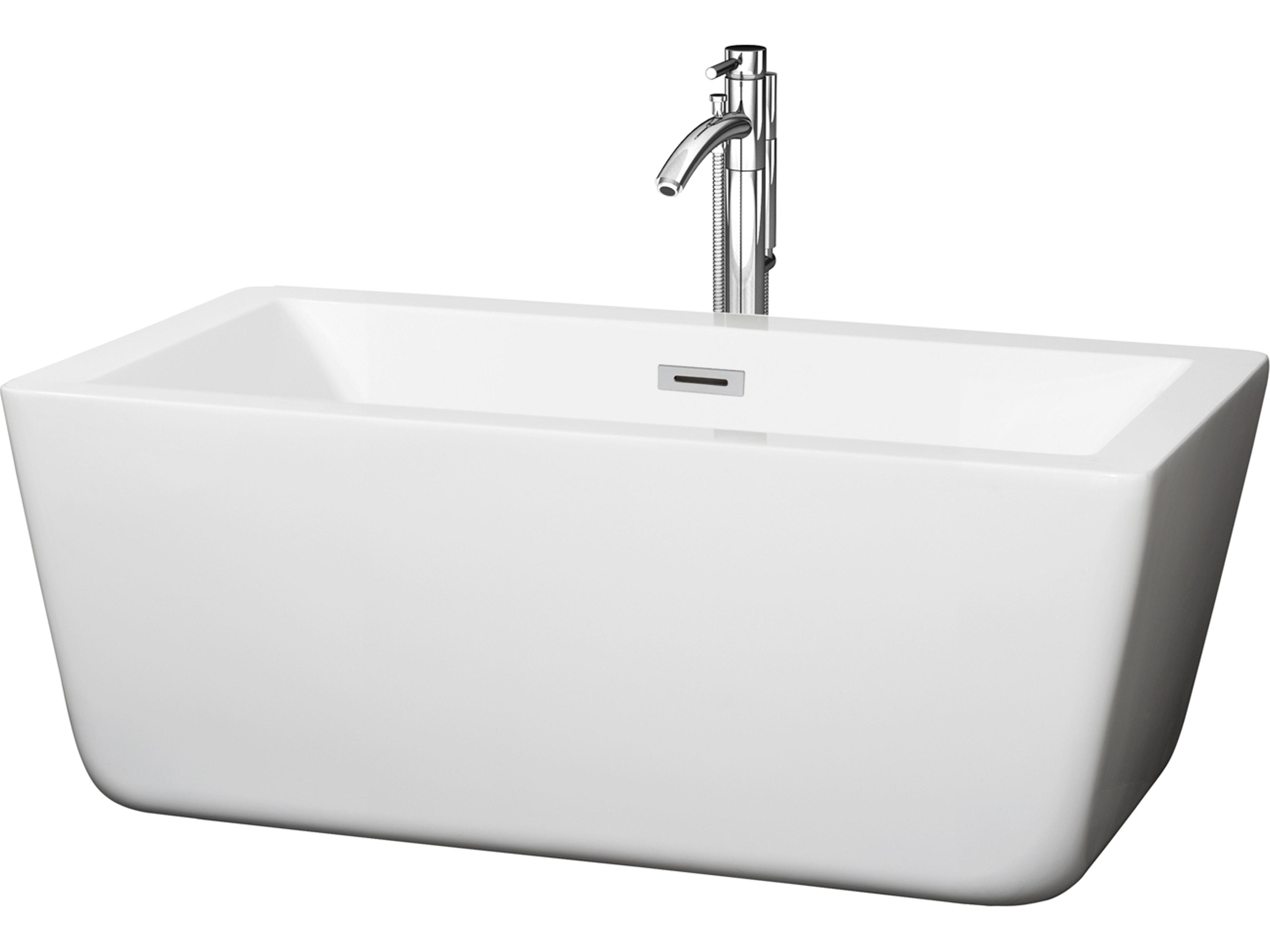 Wyndham Collection Laura White Bathtub with Floor Mounted Faucet, Drain and Overflow Trim