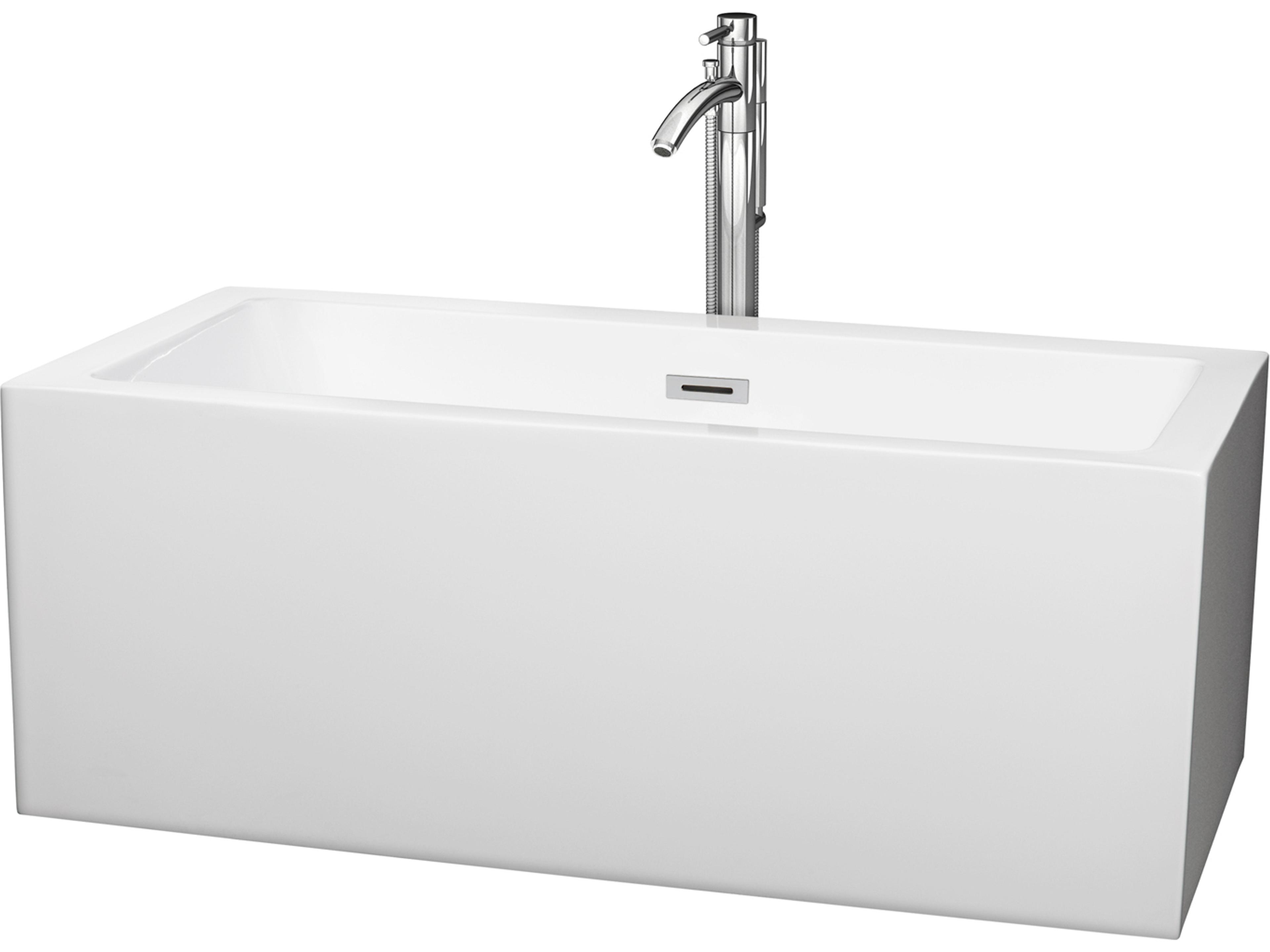 Wyndham Collection Melody White Bathtub with Floor Mounted Faucet, Drain and Overflow Trim