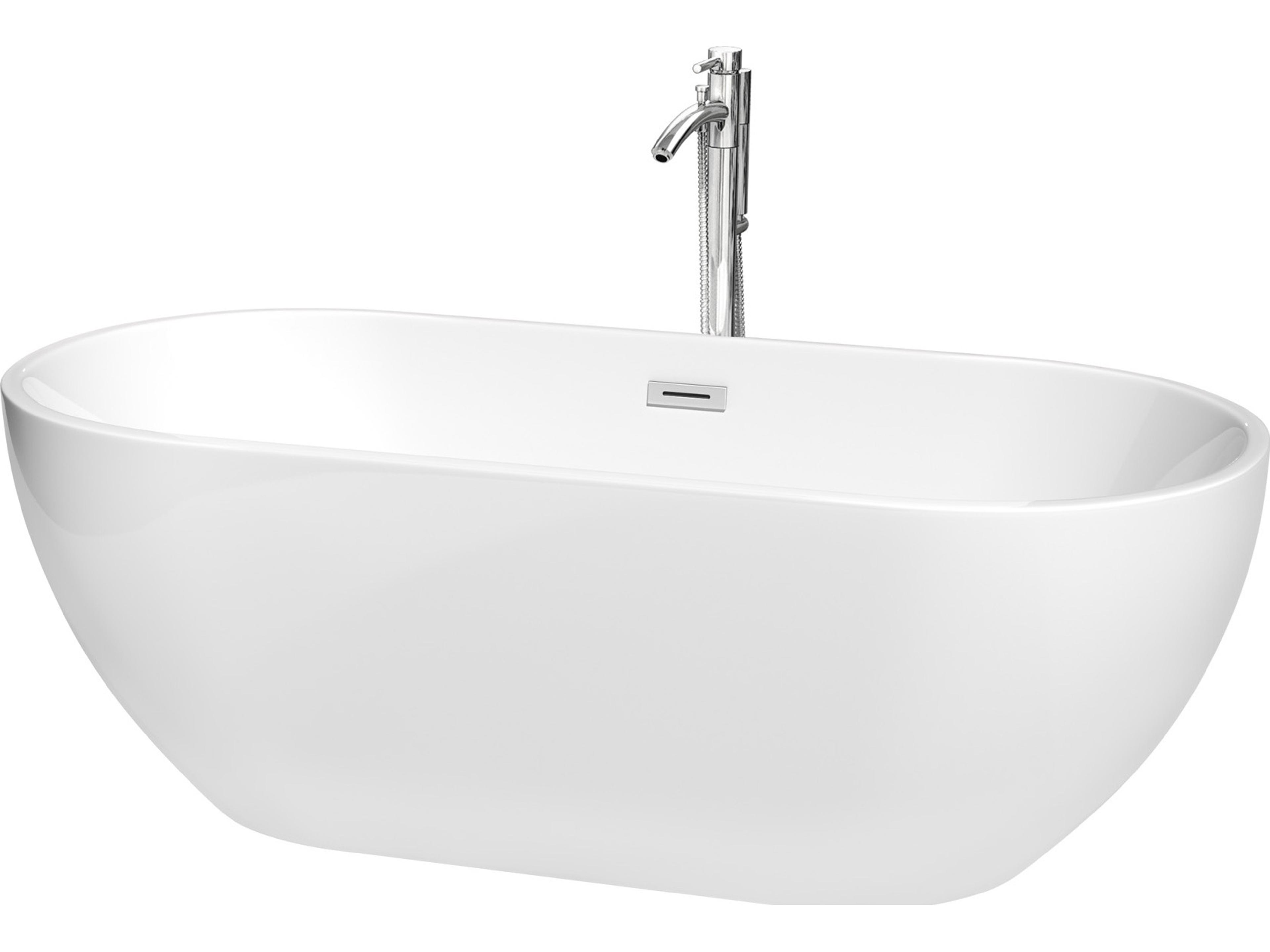 Wyndham Collection Brooklyn White Bathtub with Floor Mounted Faucet, Drain and Overflow Trim
