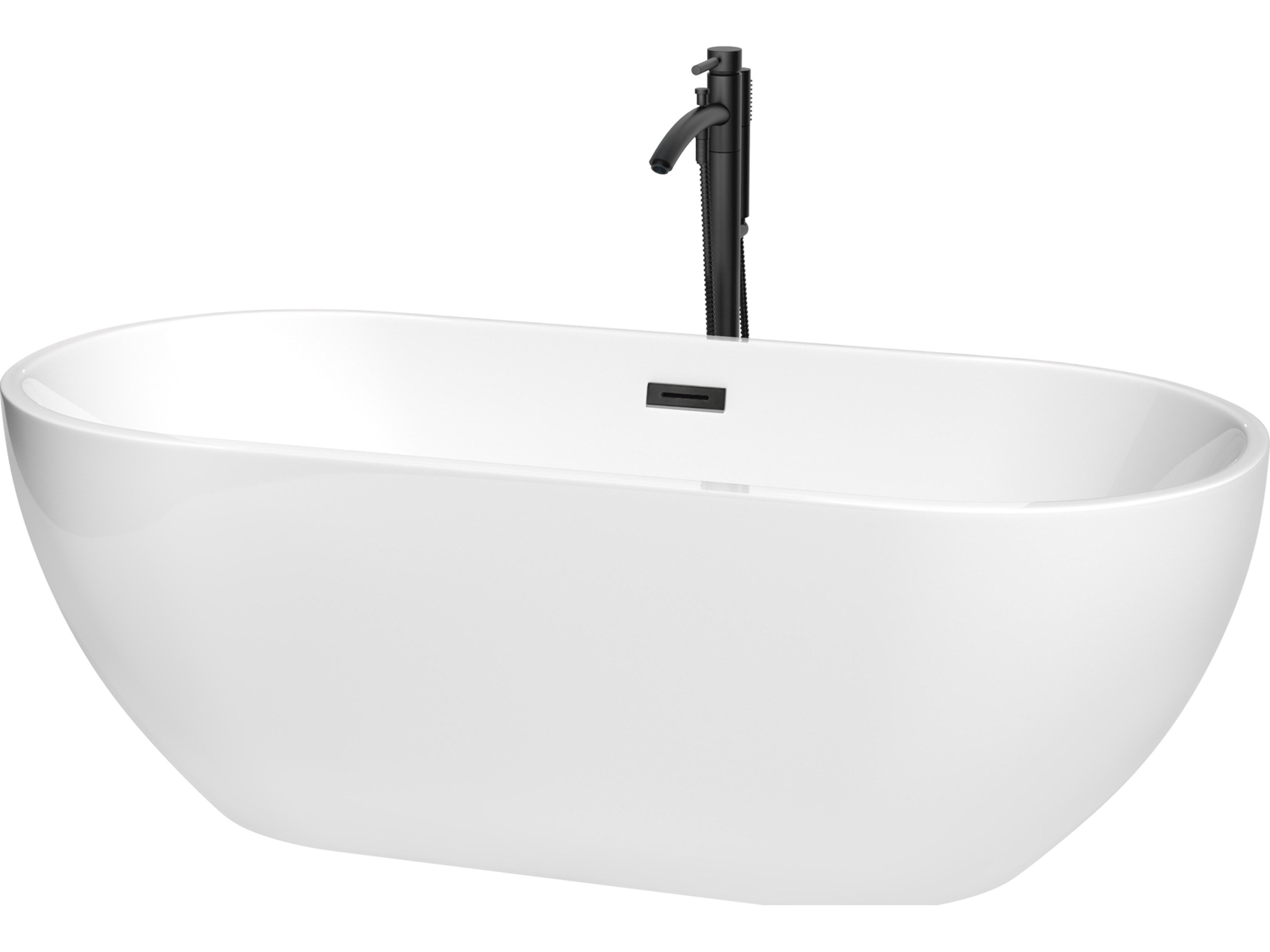 Wyndham Collection Brooklyn White Bathtub with Floor Mounted Faucet, Drain and Overflow Trim