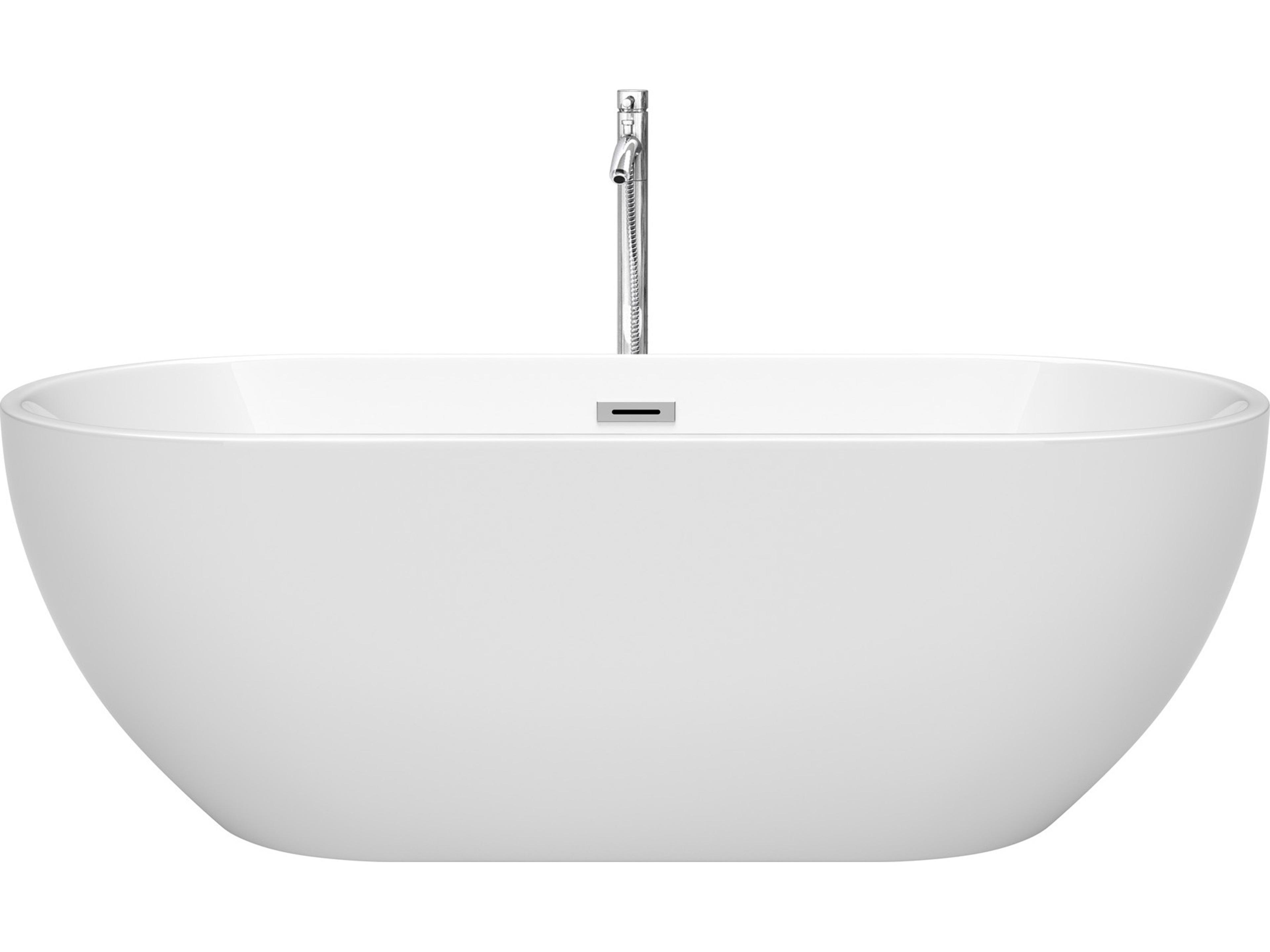 Wyndham Collection Brooklyn White Bathtub with Floor Mounted Faucet, Drain and Overflow Trim