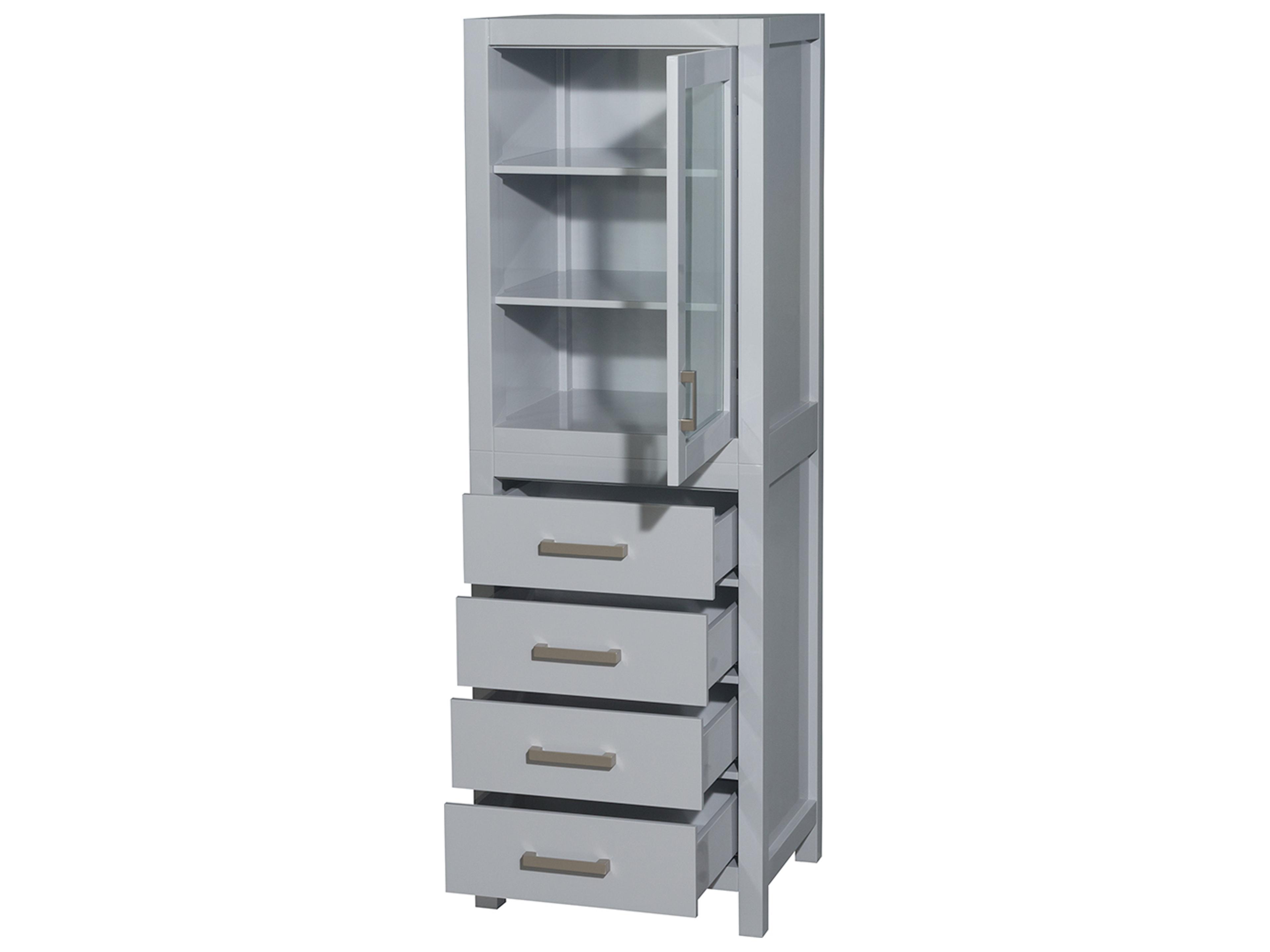 Wyndham Collection Sheffield Gray Linen Tower with Shelved Cabinet Storage and 4 Drawers