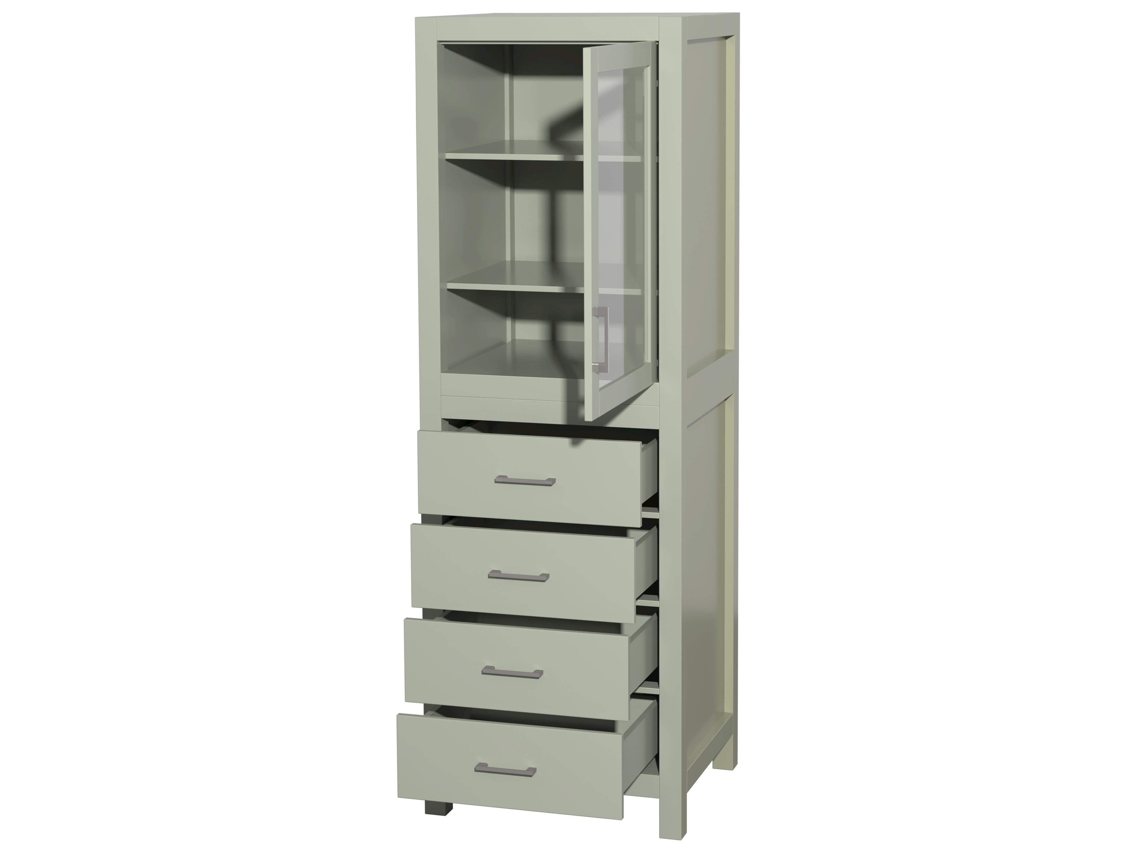 Wyndham Collection Sheffield Light Green Linen Tower with Shelved Cabinet Storage and 4 Drawers