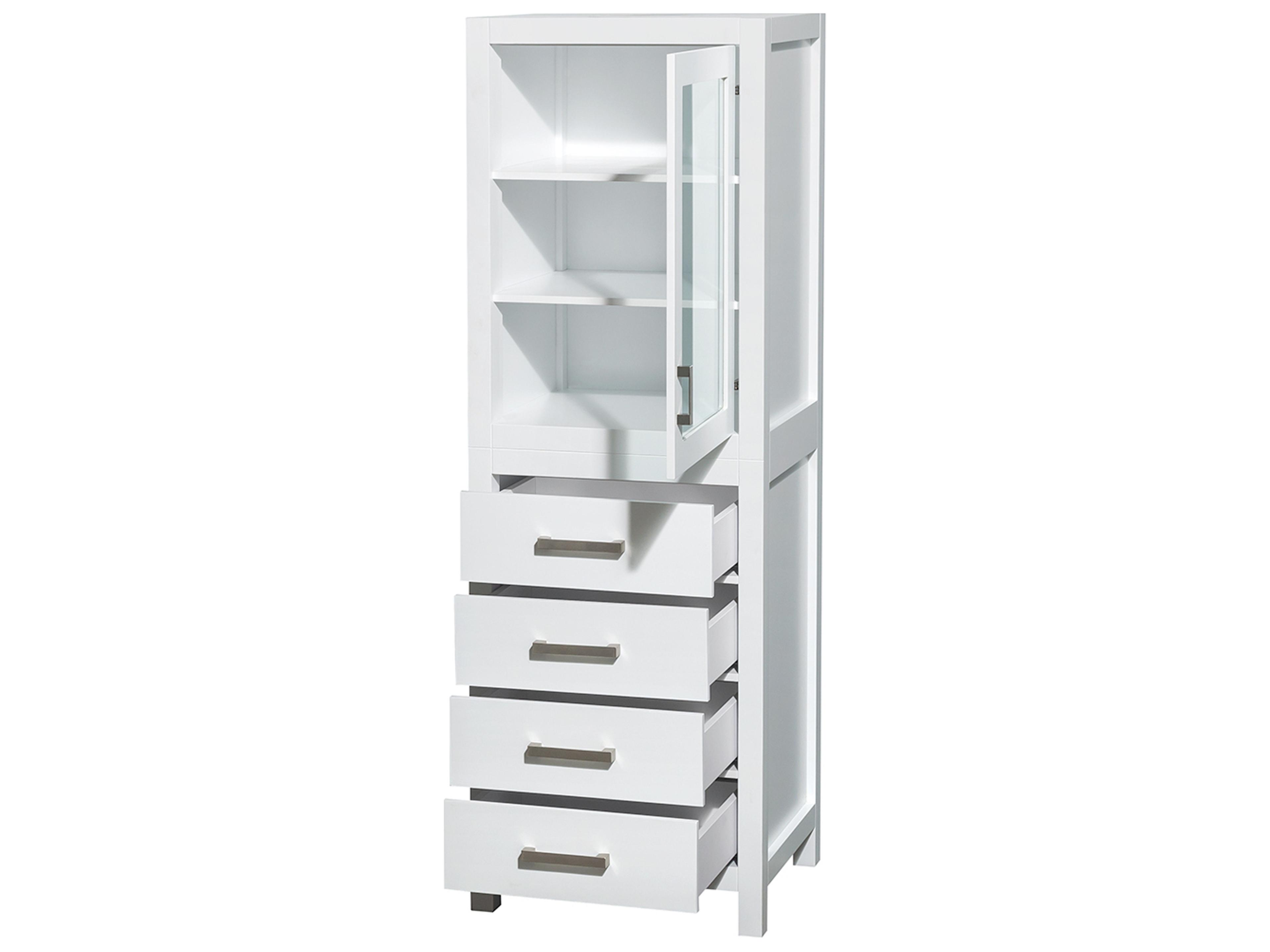 Wyndham Collection Sheffield White Linen Tower with Shelved Cabinet Storage and 4 Drawers