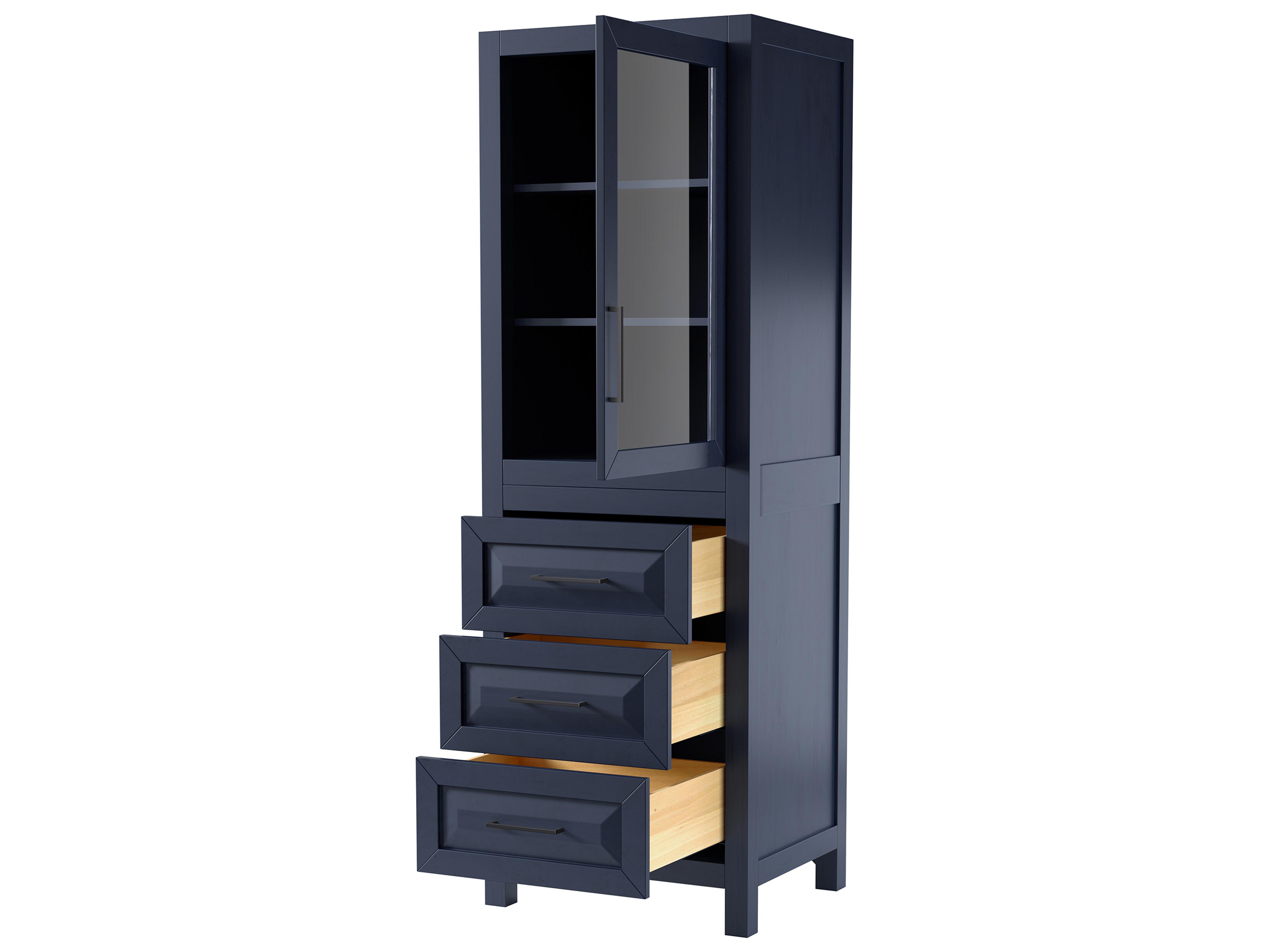 Wyndham Collection Daria Dark Blue Linen Tower with Shelved Cabinet Storage, and 3 Drawers