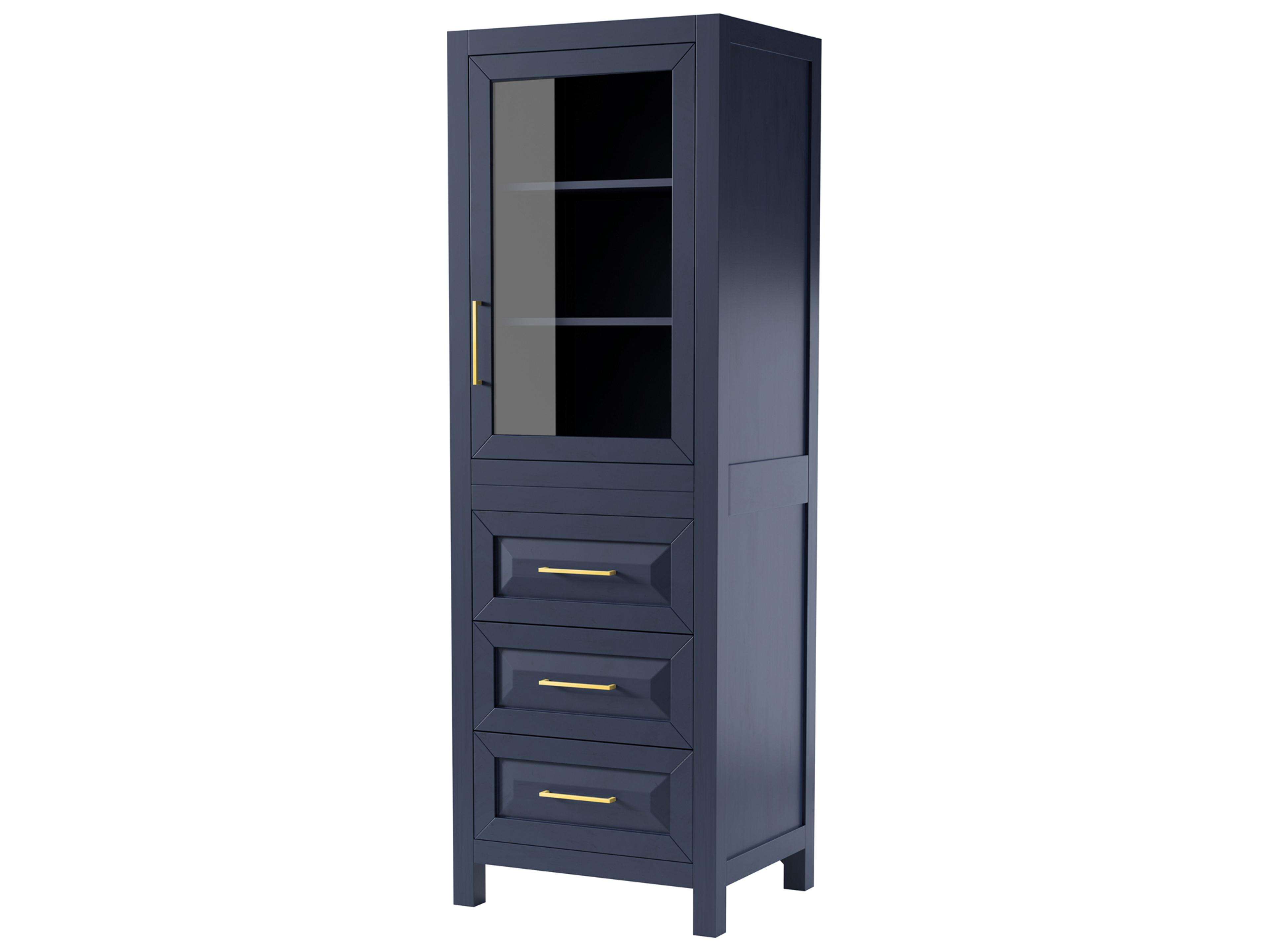 Wyndham Collection Daria Dark Blue Linen Tower with Shelved Cabinet Storage, and 3 Drawers