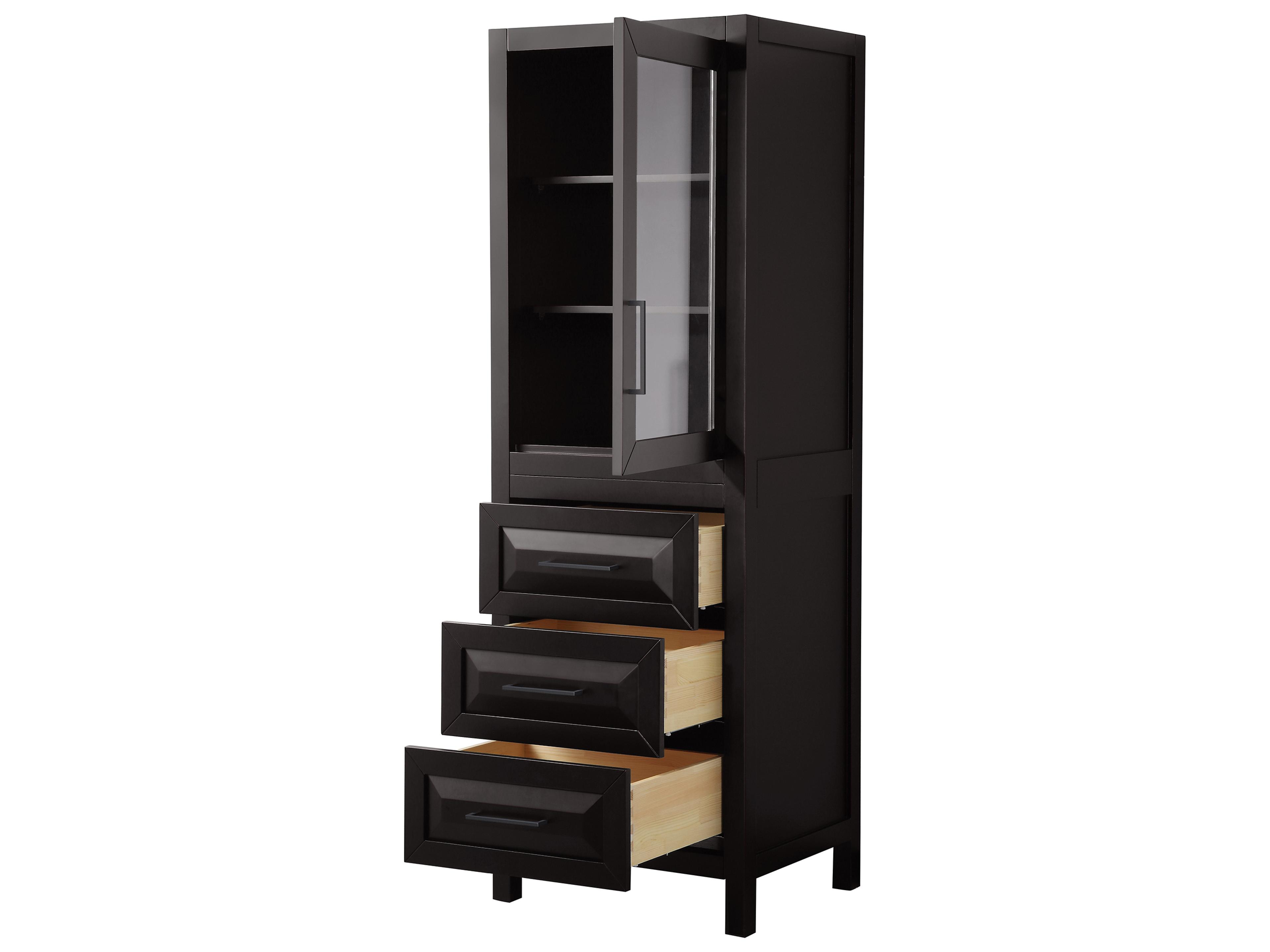 Wyndham Collection Daria Dark Espresso Linen Tower with Shelved Cabinet Storage, and 3 Drawers