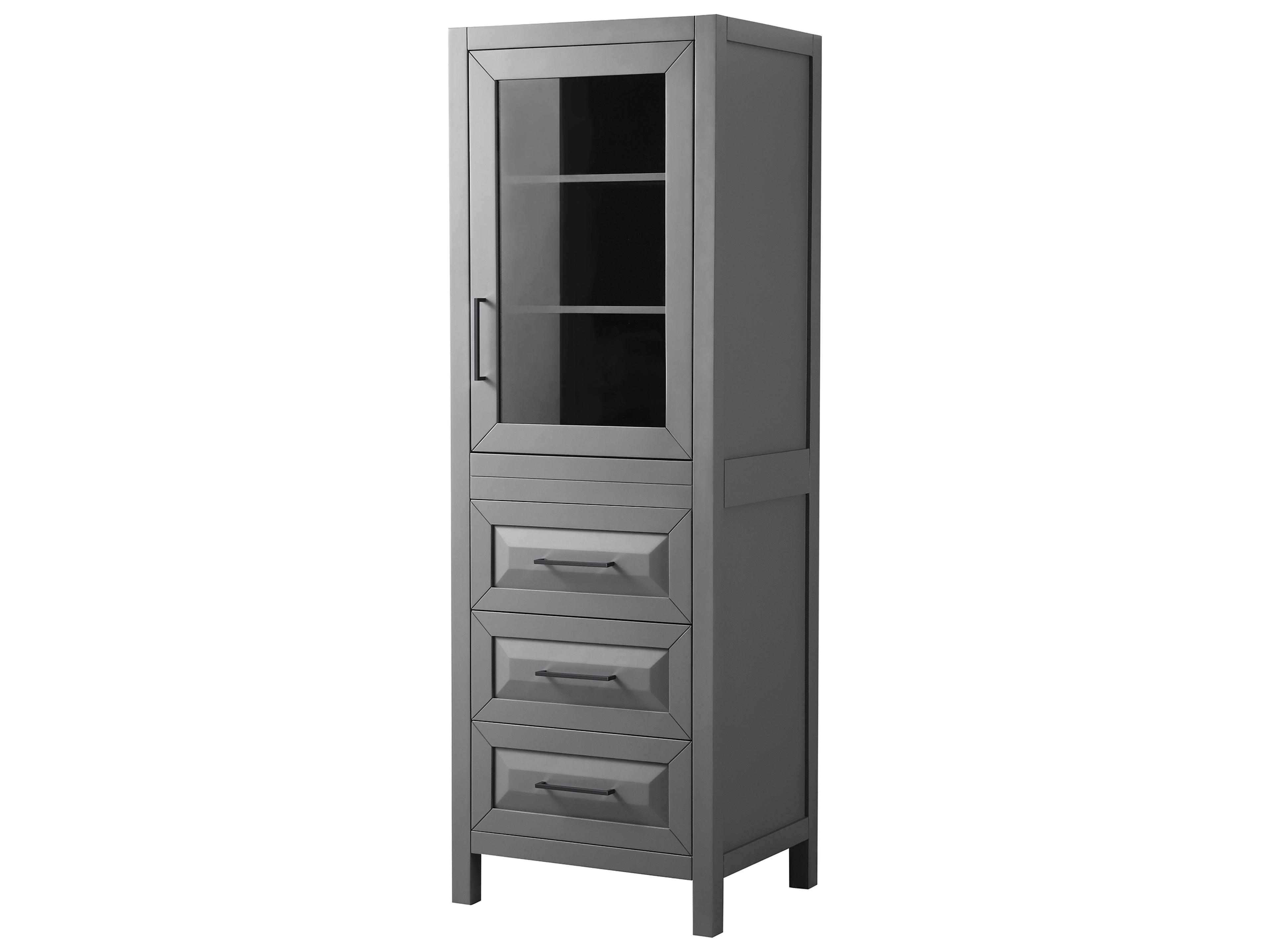Daria Dark Gray Linen Tower with Shelved Cabinet Storage, and 3 Drawers