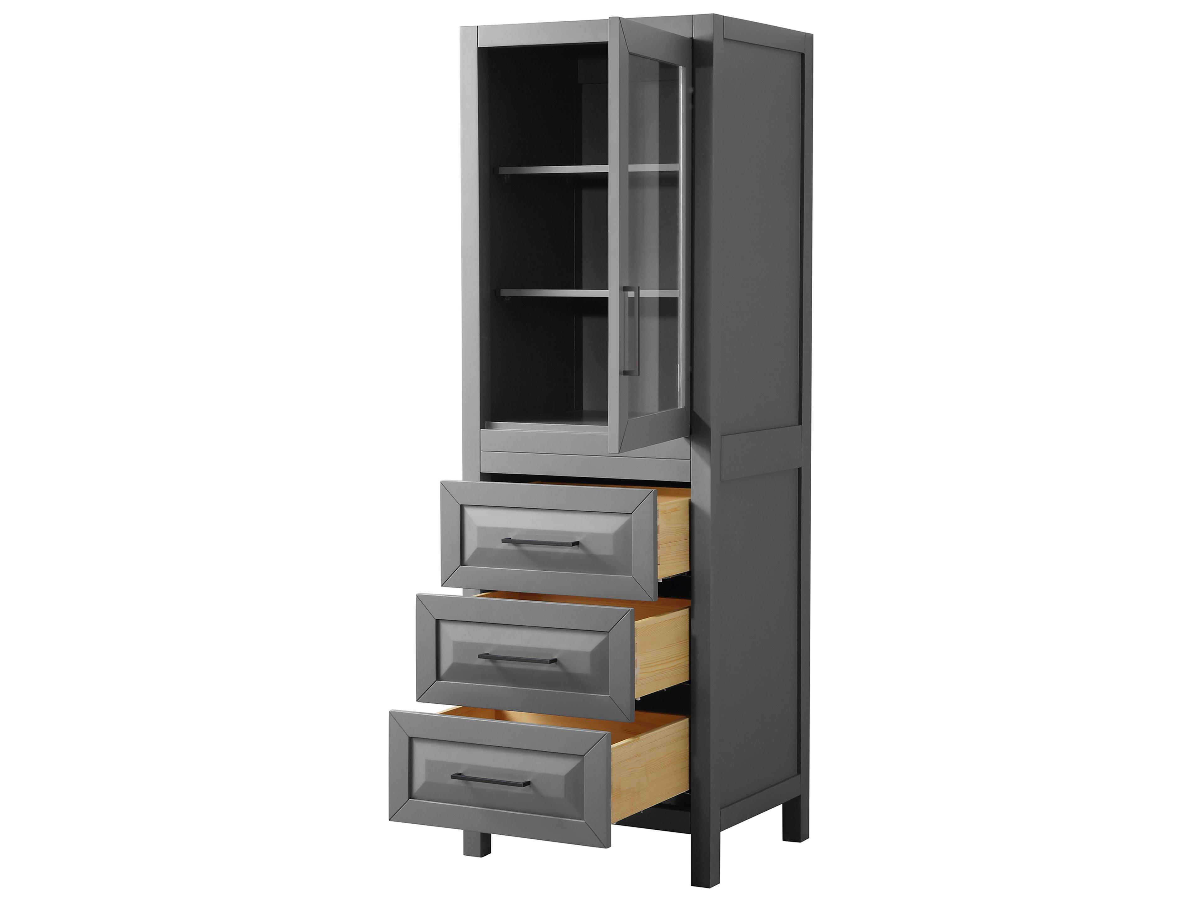 Wyndham Collection Daria Dark Gray Linen Tower with Shelved Cabinet Storage, and 3 Drawers