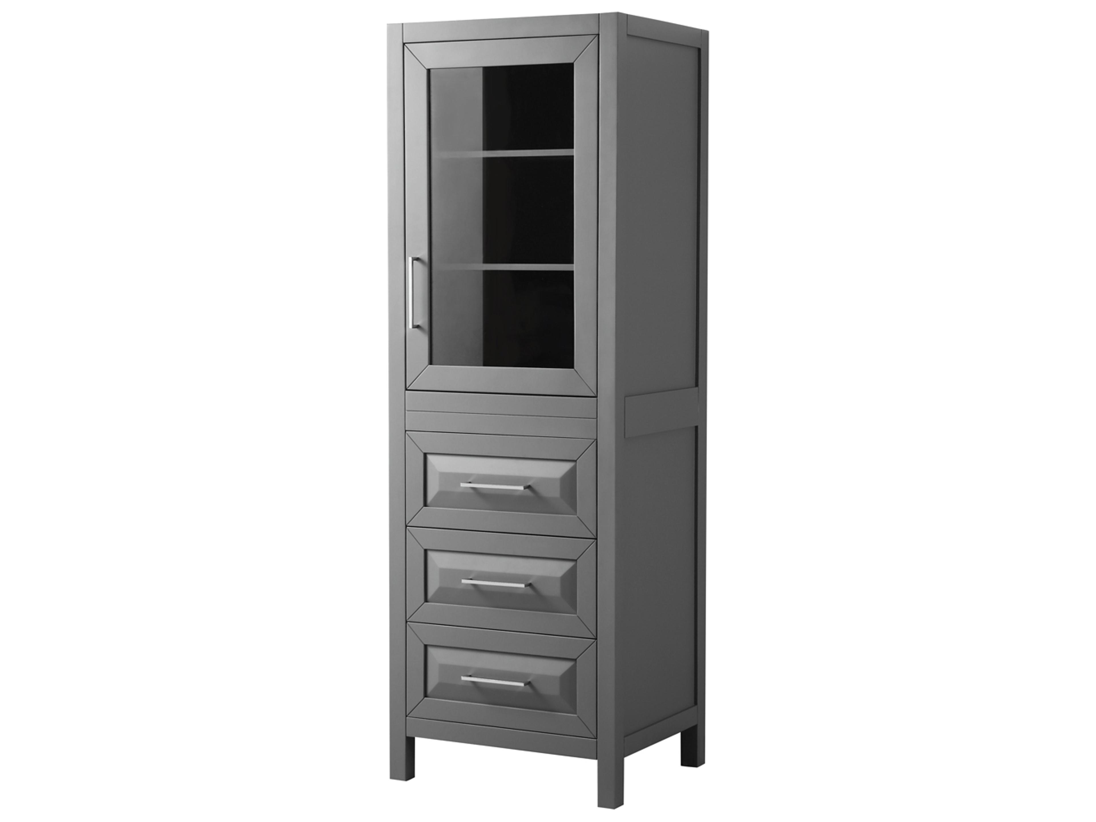 Wyndham Collection Daria Dark Gray Linen Tower with Shelved Cabinet Storage, and 3 Drawers