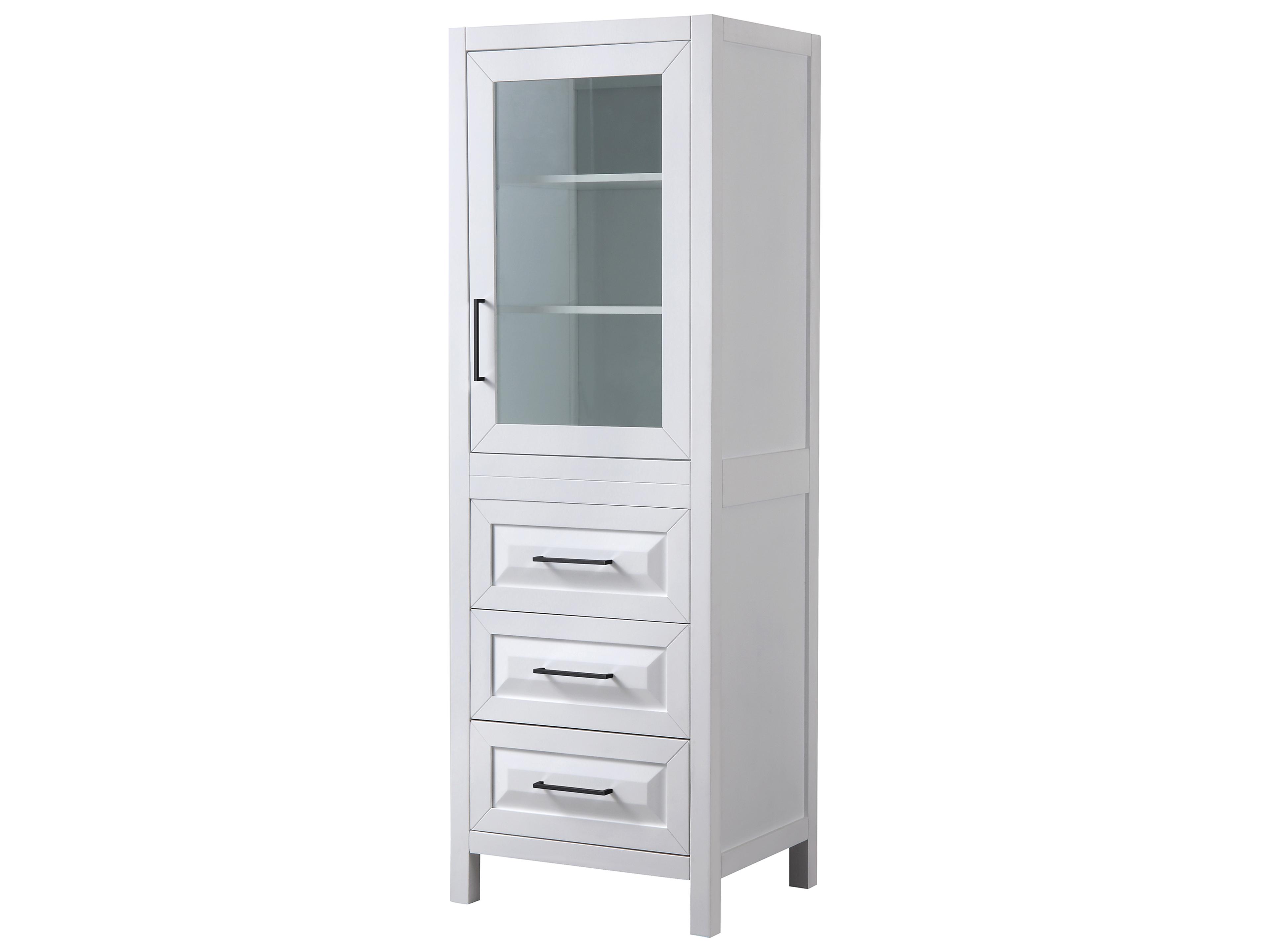 Daria White Linen Tower with Shelved Cabinet Storage, and 3 Drawers