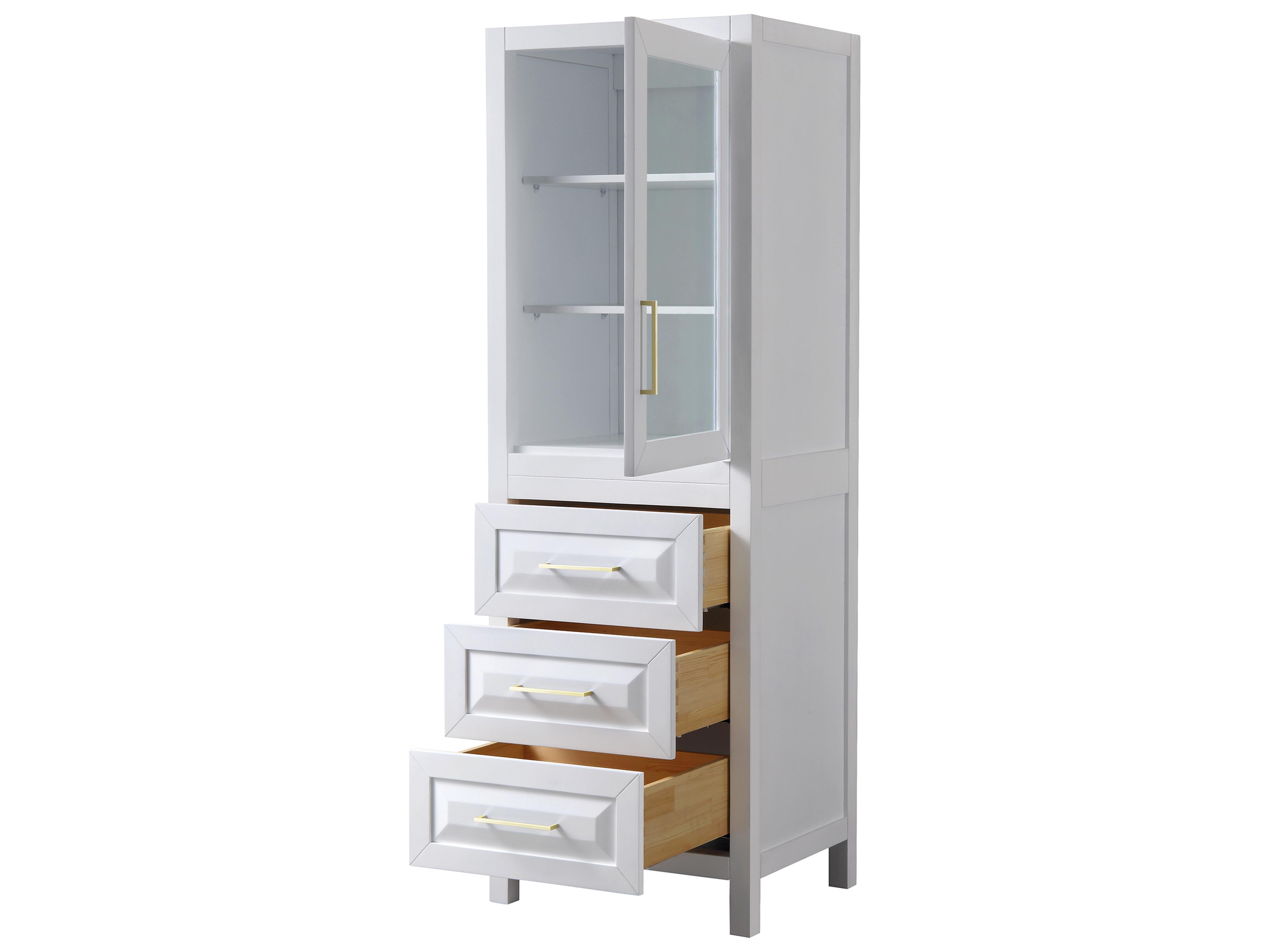Wyndham Collection Daria White Linen Tower with Shelved Cabinet Storage, and 3 Drawers