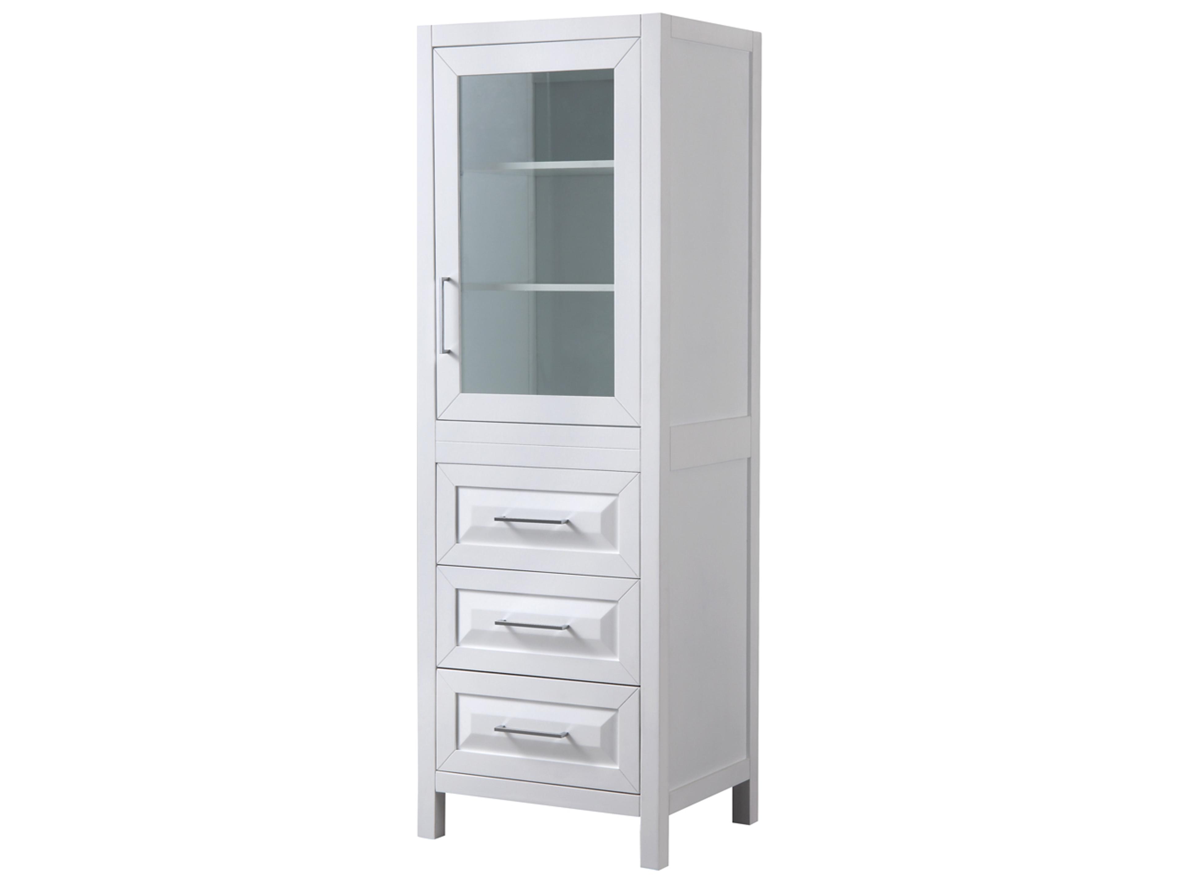 Wyndham Collection Daria White Linen Tower with Shelved Cabinet Storage, and 3 Drawers