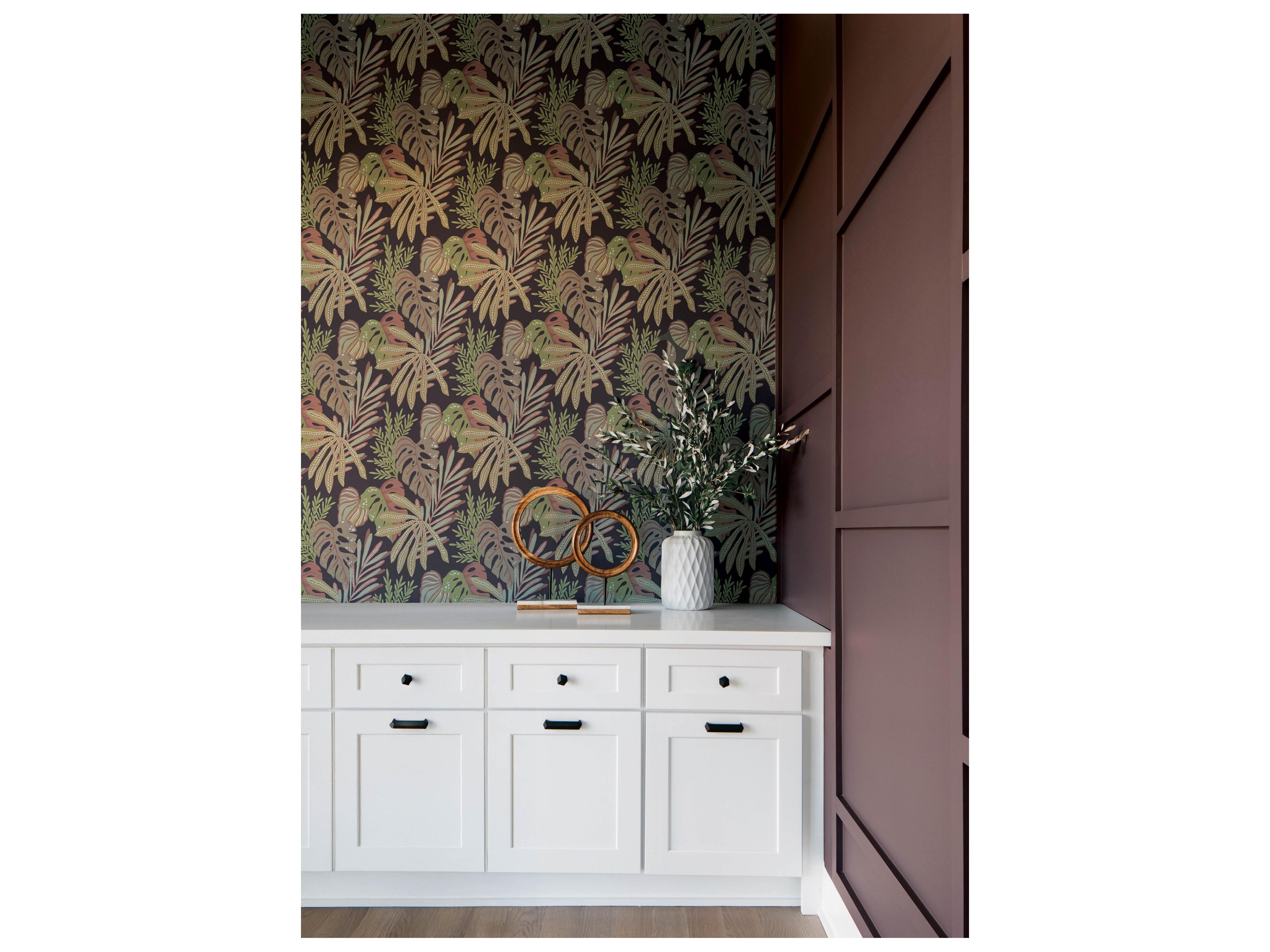 York Wallcoverings Drew & Jonathan Home Fifth Edition Burgundy Tropical Foliage Wallpaper