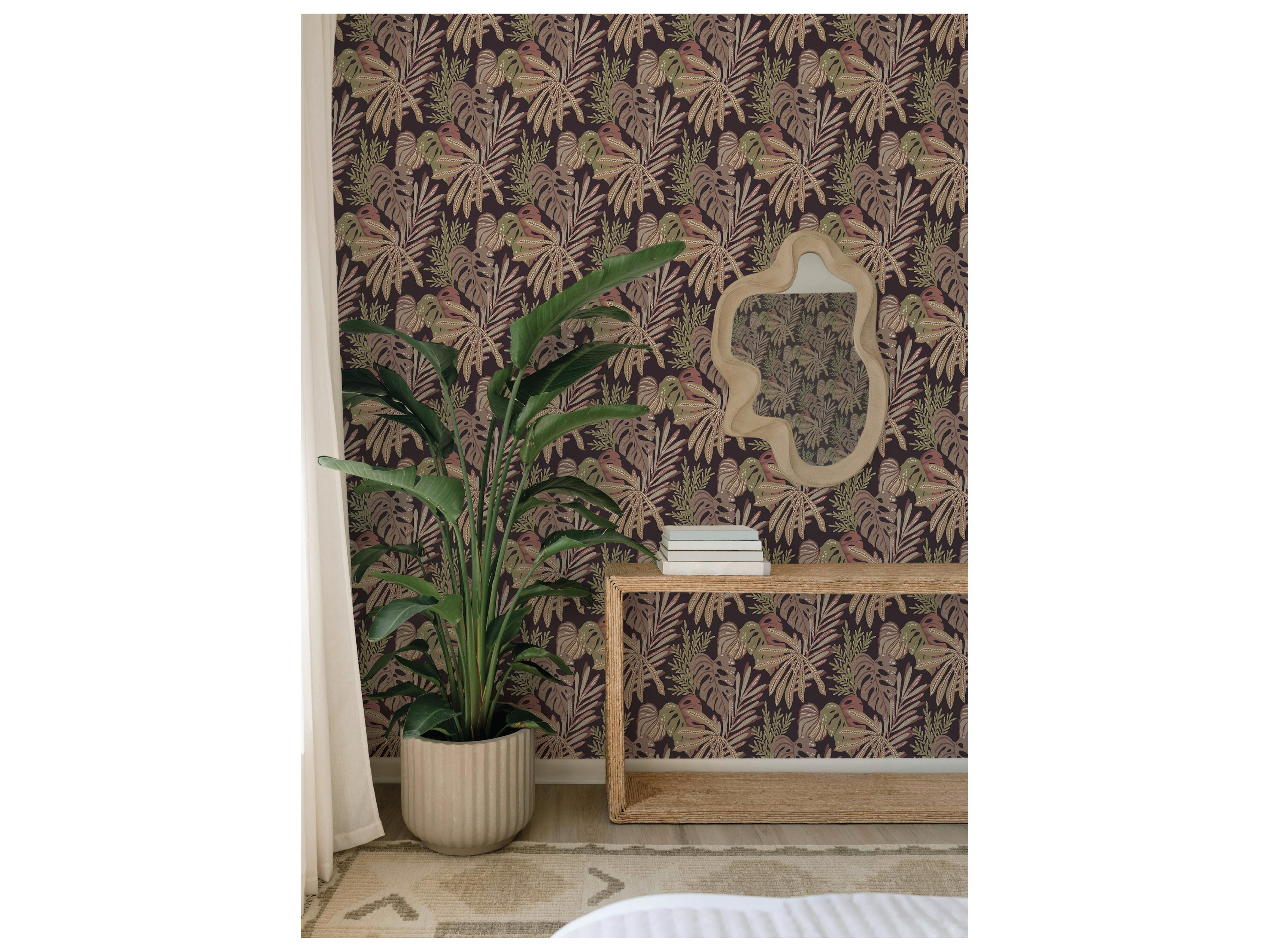 York Wallcoverings Drew & Jonathan Home Fifth Edition Burgundy Tropical Foliage Wallpaper