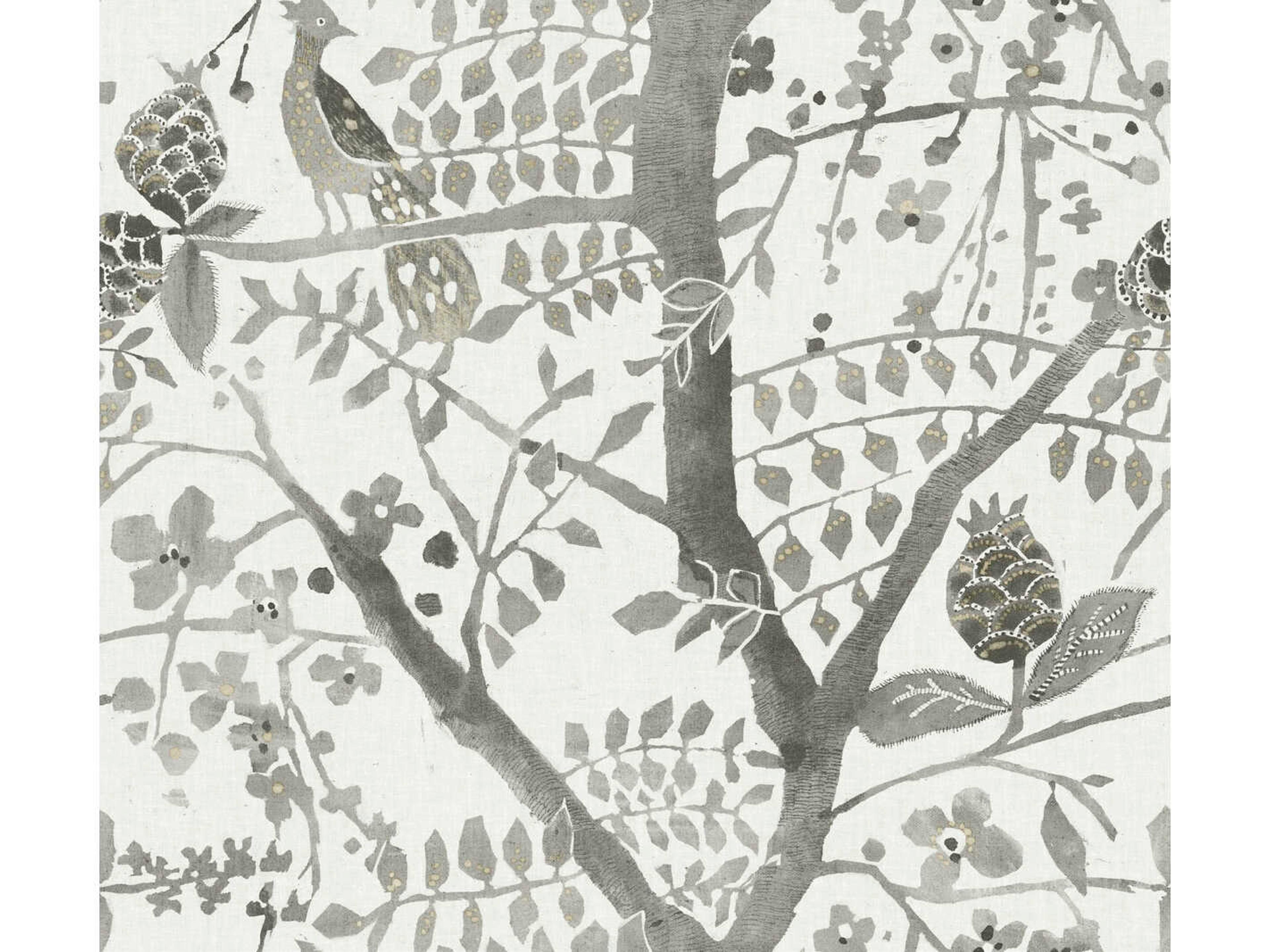 York Wallcoverings Antonina Vella Boho Luxe Grey Peacock Block Print Wallpaper