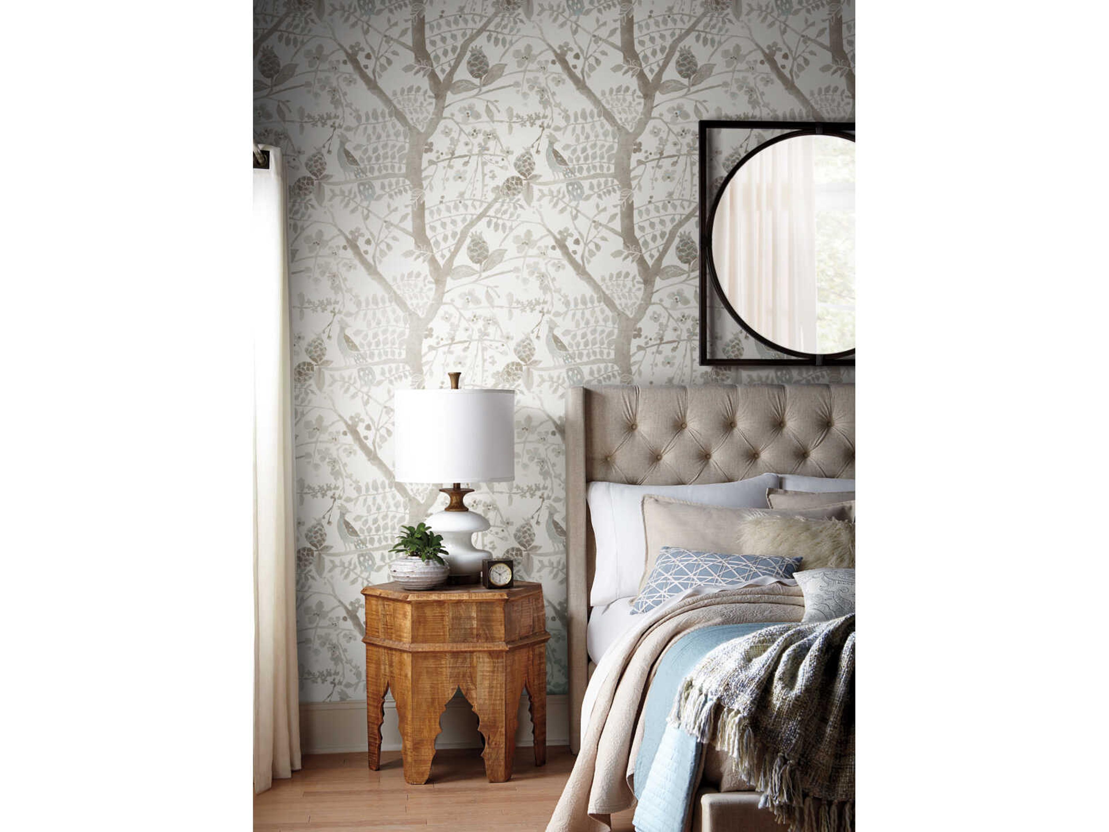 York Wallcoverings Antonina Vella Boho Luxe Off White Peacock Block Print Wallpaper