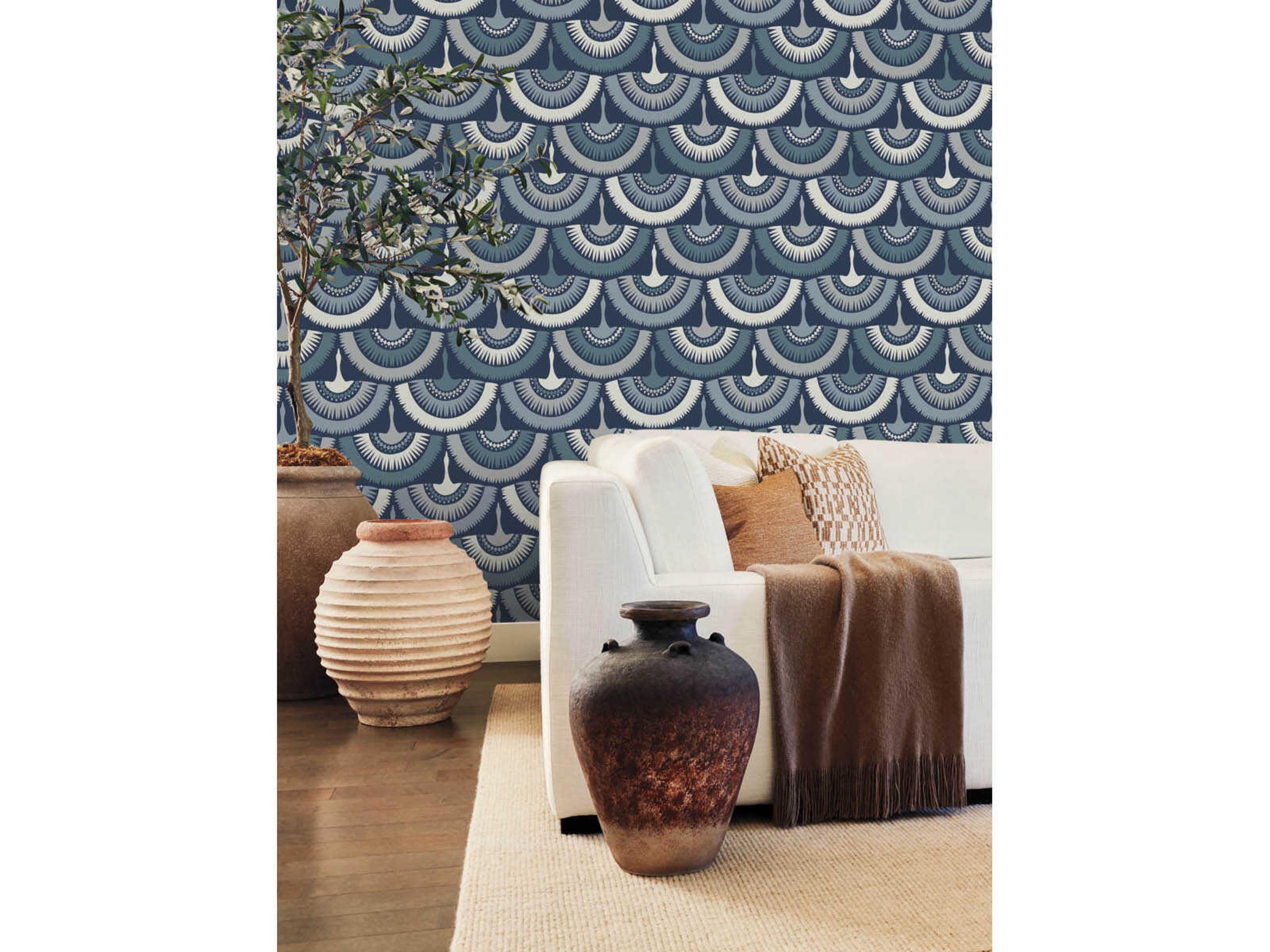 York Wallcoverings Antonina Vella Boho Luxe Blue Feather Fringe Wallpaper