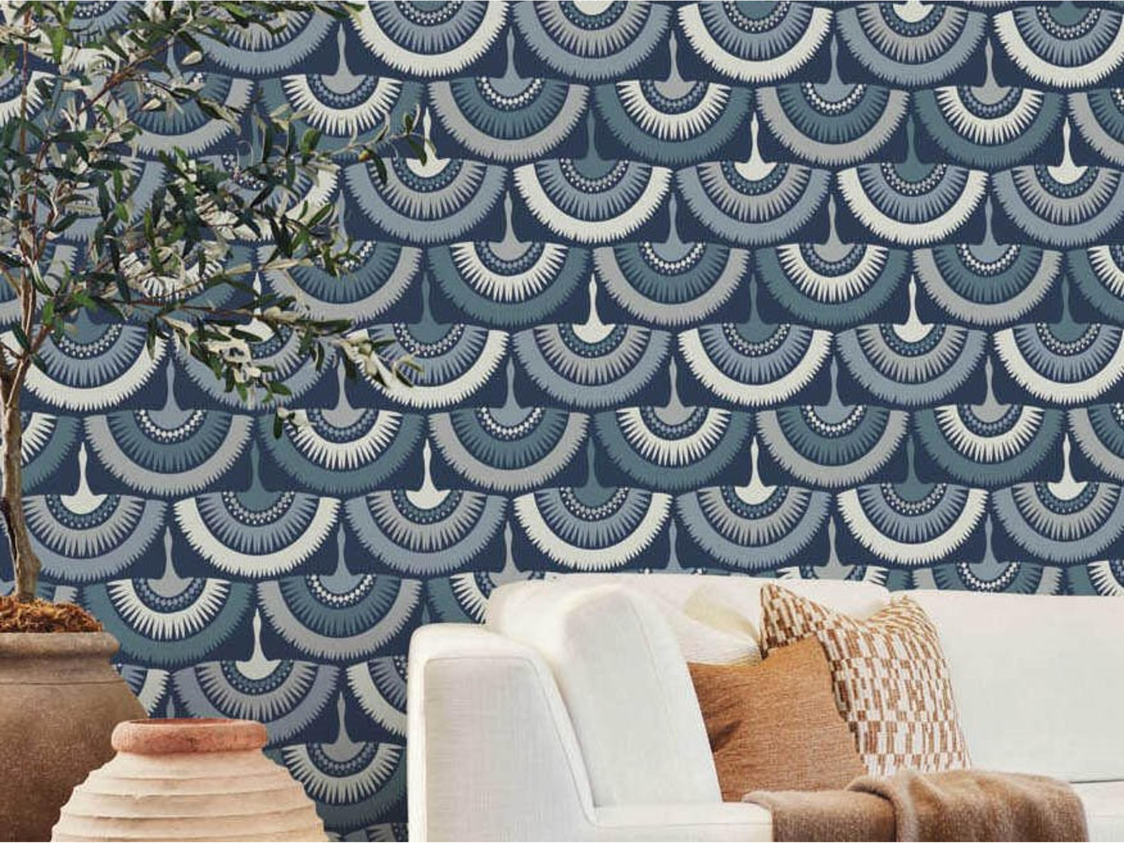 York Wallcoverings Antonina Vella Boho Luxe Blue Feather Fringe Wallpaper