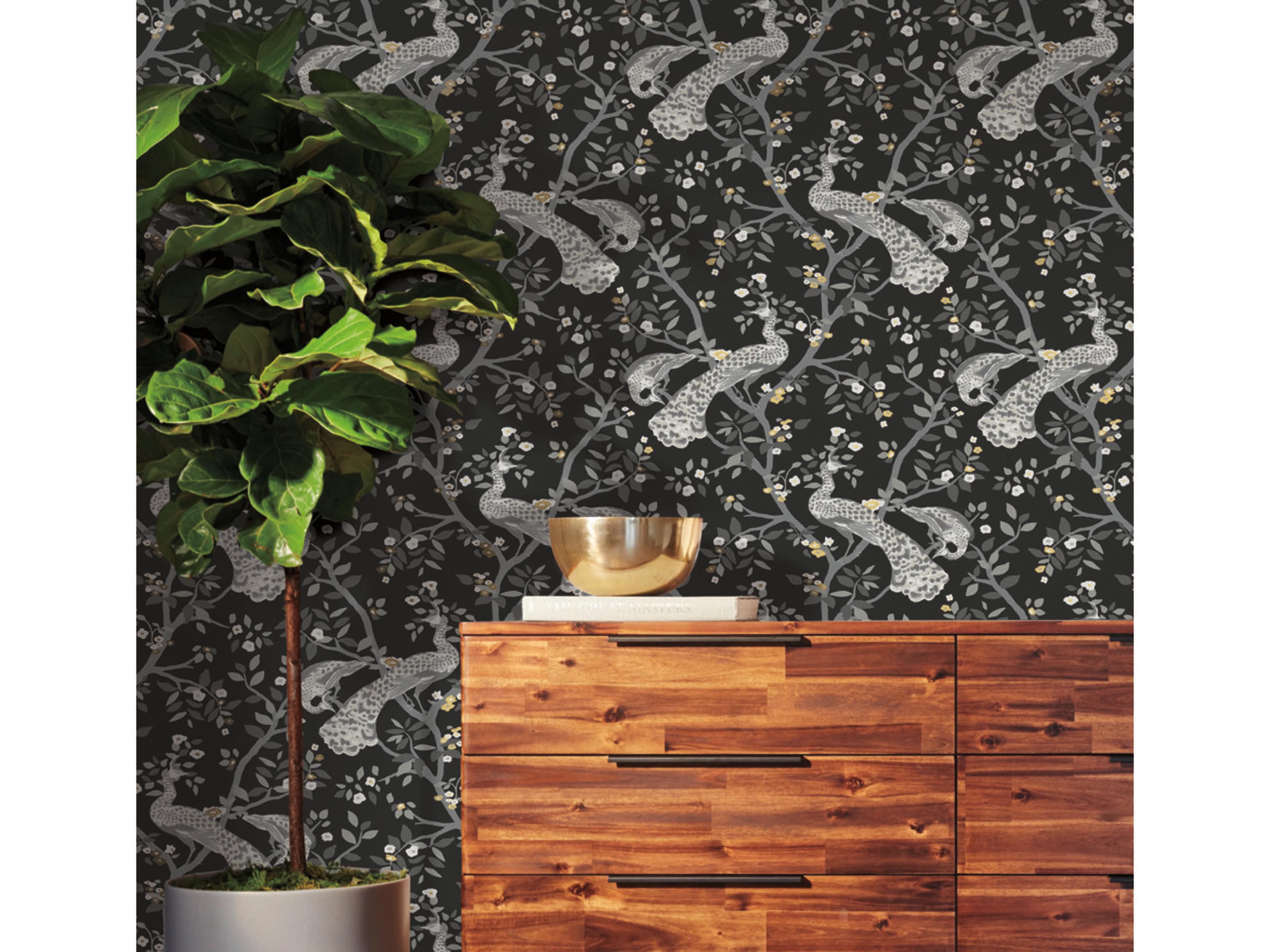 York Wallcoverings Black & White Resource Library Black Gold Plume Wallpaper