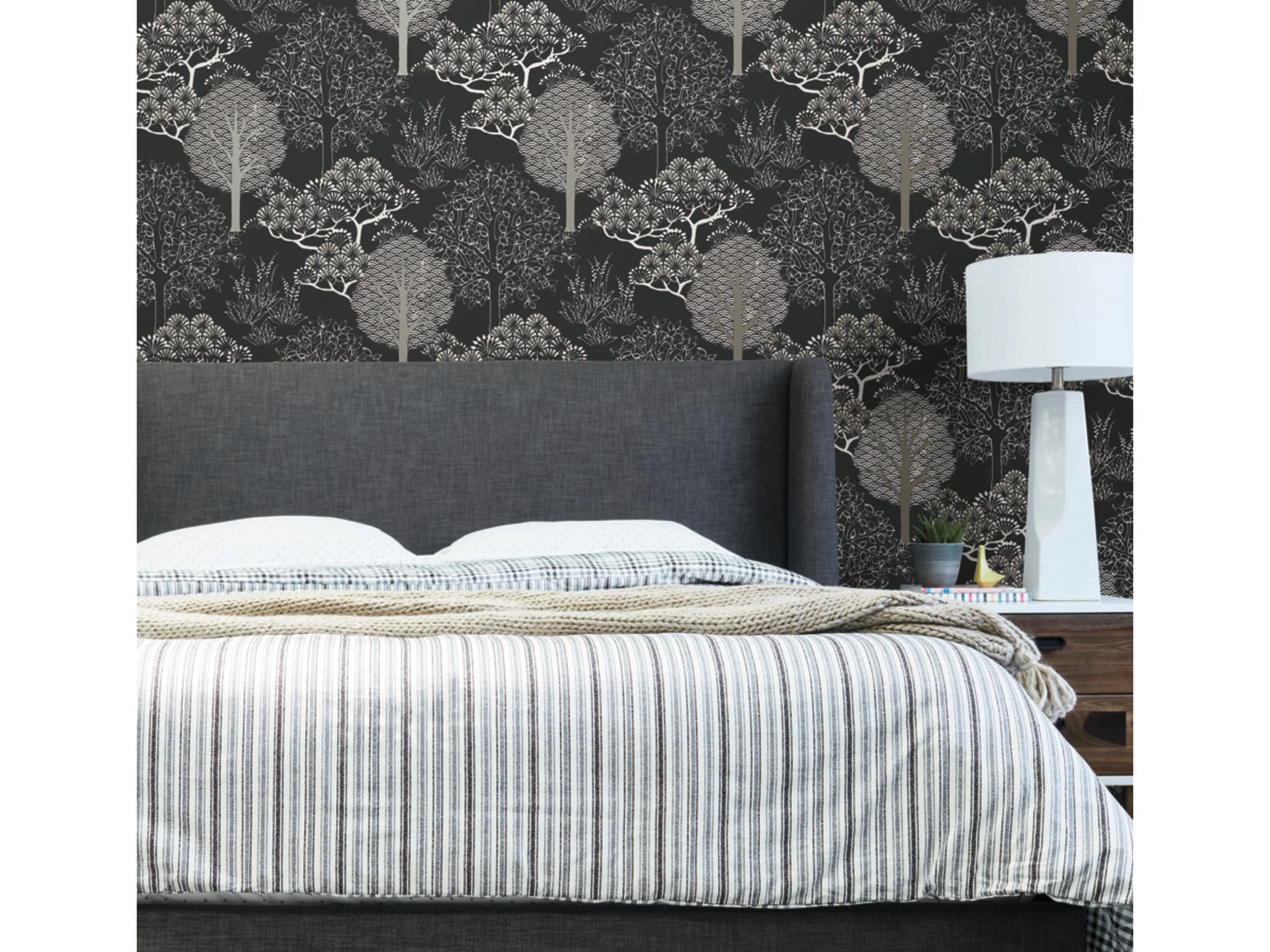 York Wallcoverings Black & White Resource Library Black Metallic Kimono Trees Wallpaper