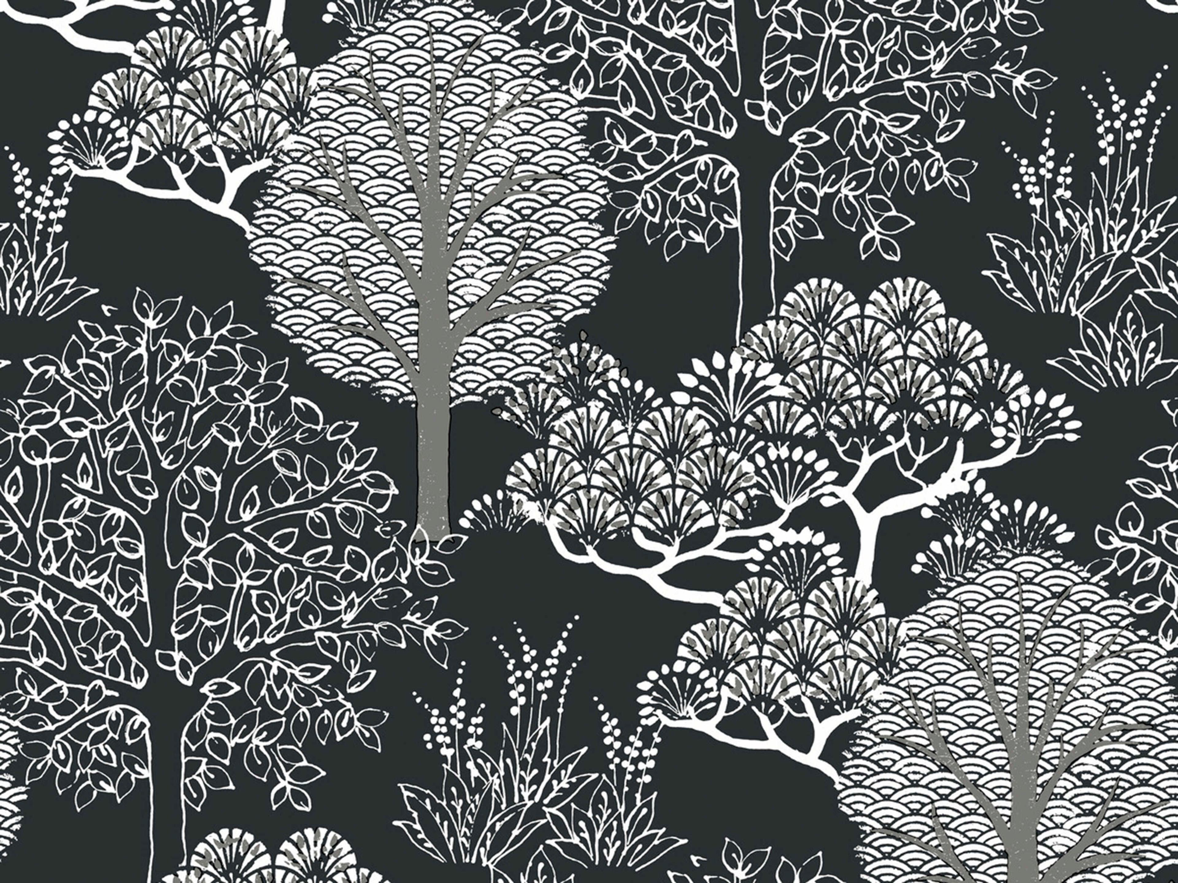 York Wallcoverings Black & White Resource Library Black Metallic Kimono Trees Wallpaper