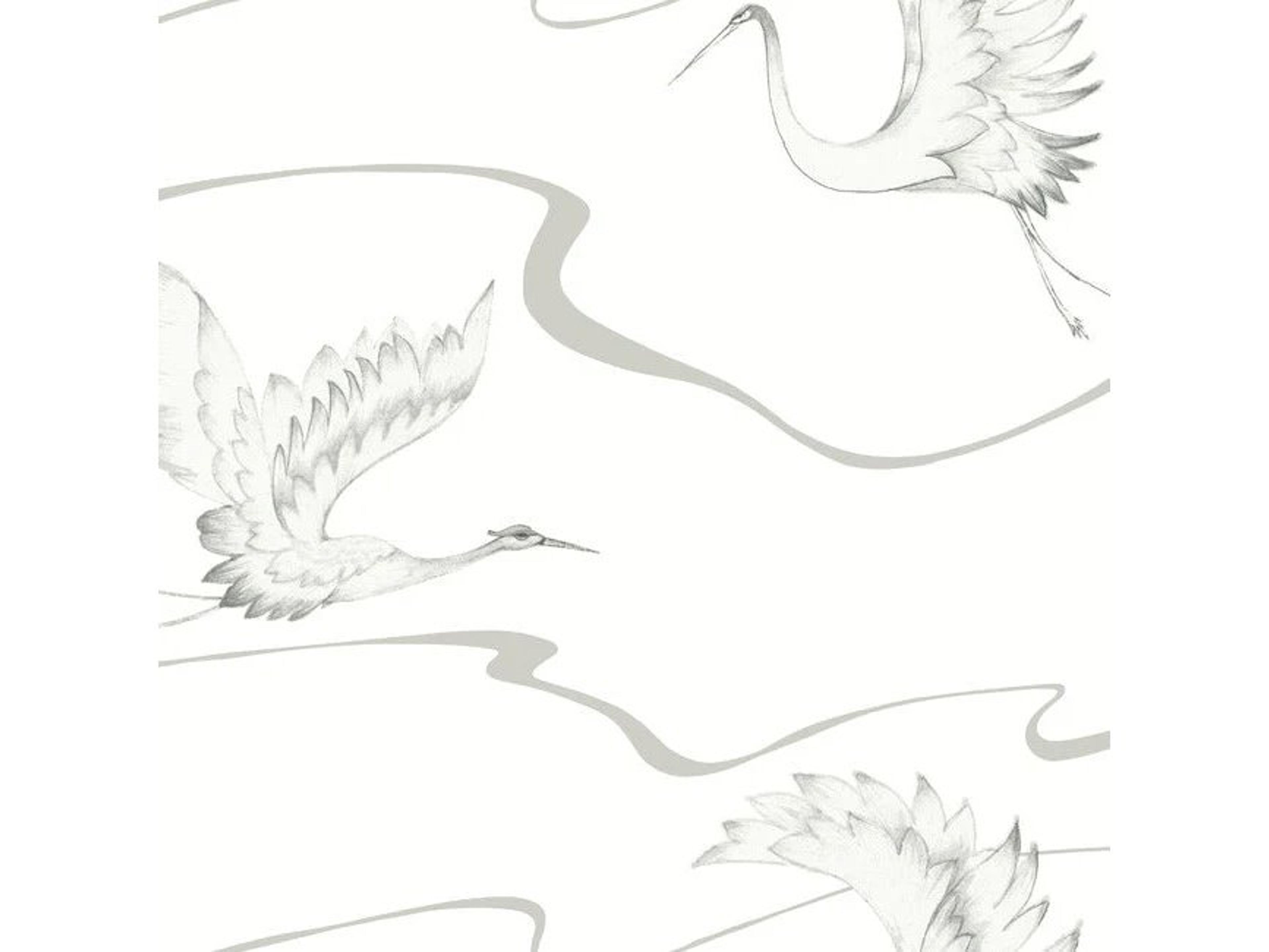 York Wallcoverings Black & White Resource Library White Silver Soaring Cranes Wallpaper