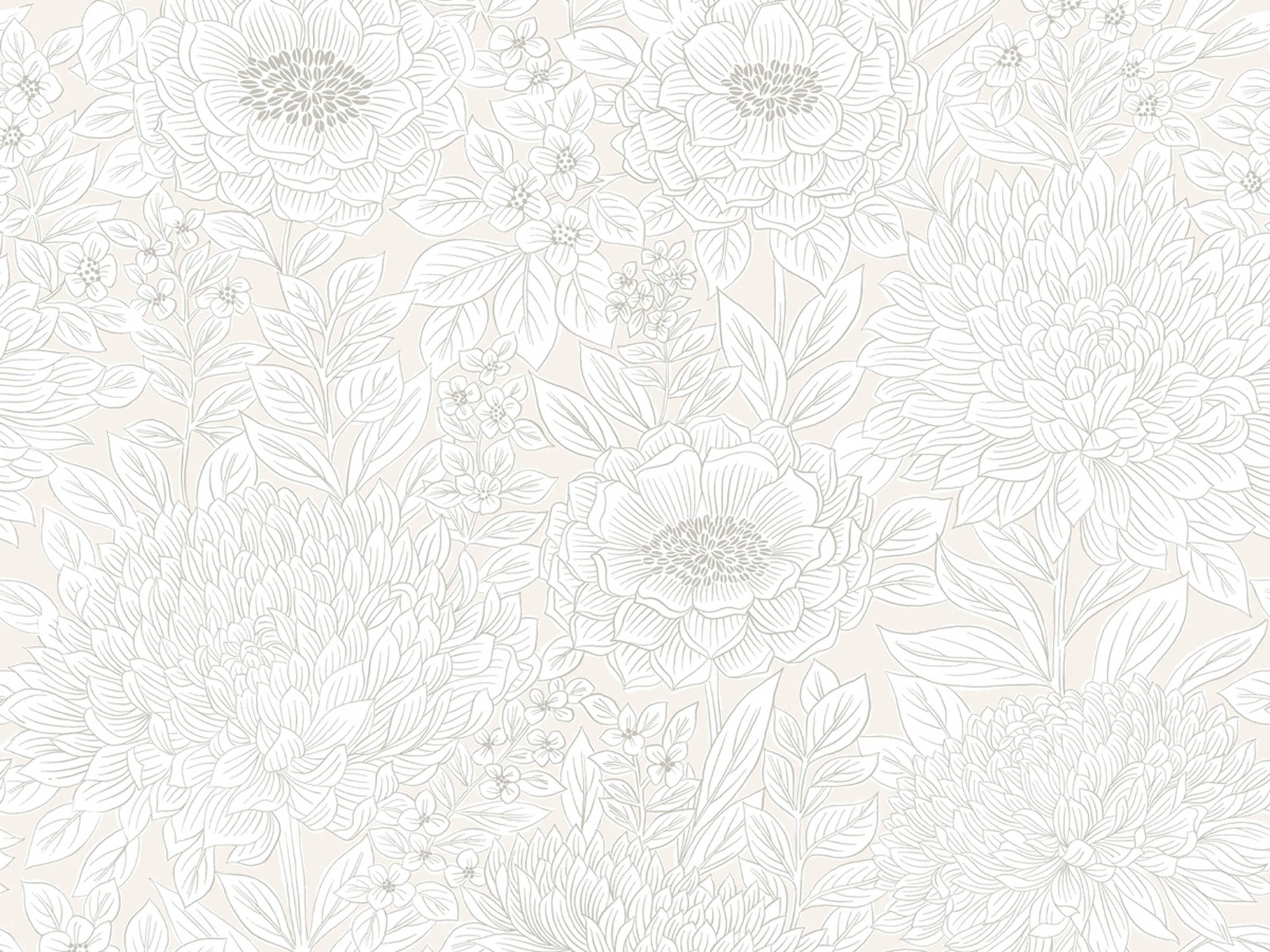 York Wallcoverings Black & White Resource Library Cream Wood Block Blooms Wallpaper