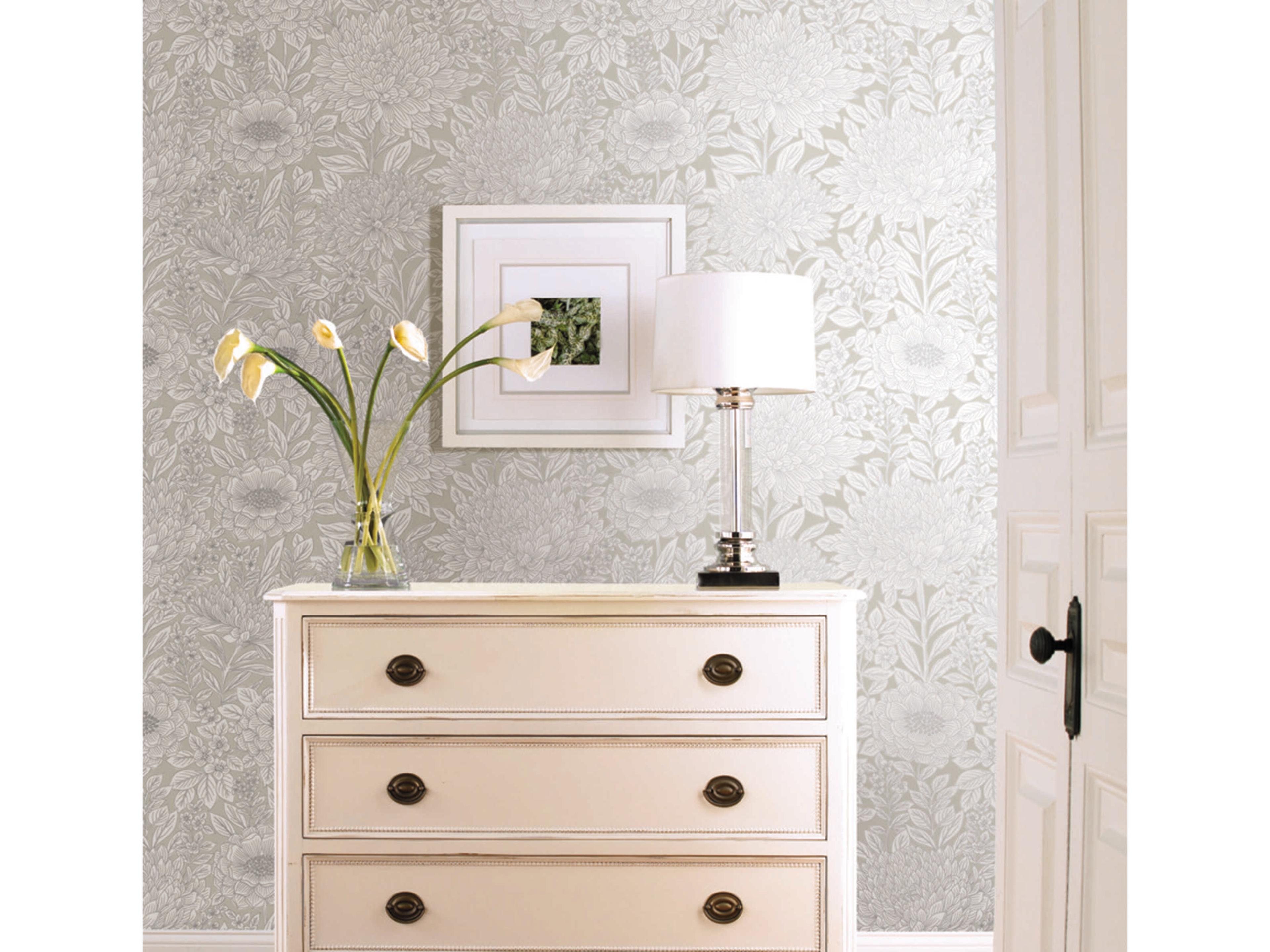 Black & White Resource Library Taupe Silver Wood Block Blooms Wallpaper
