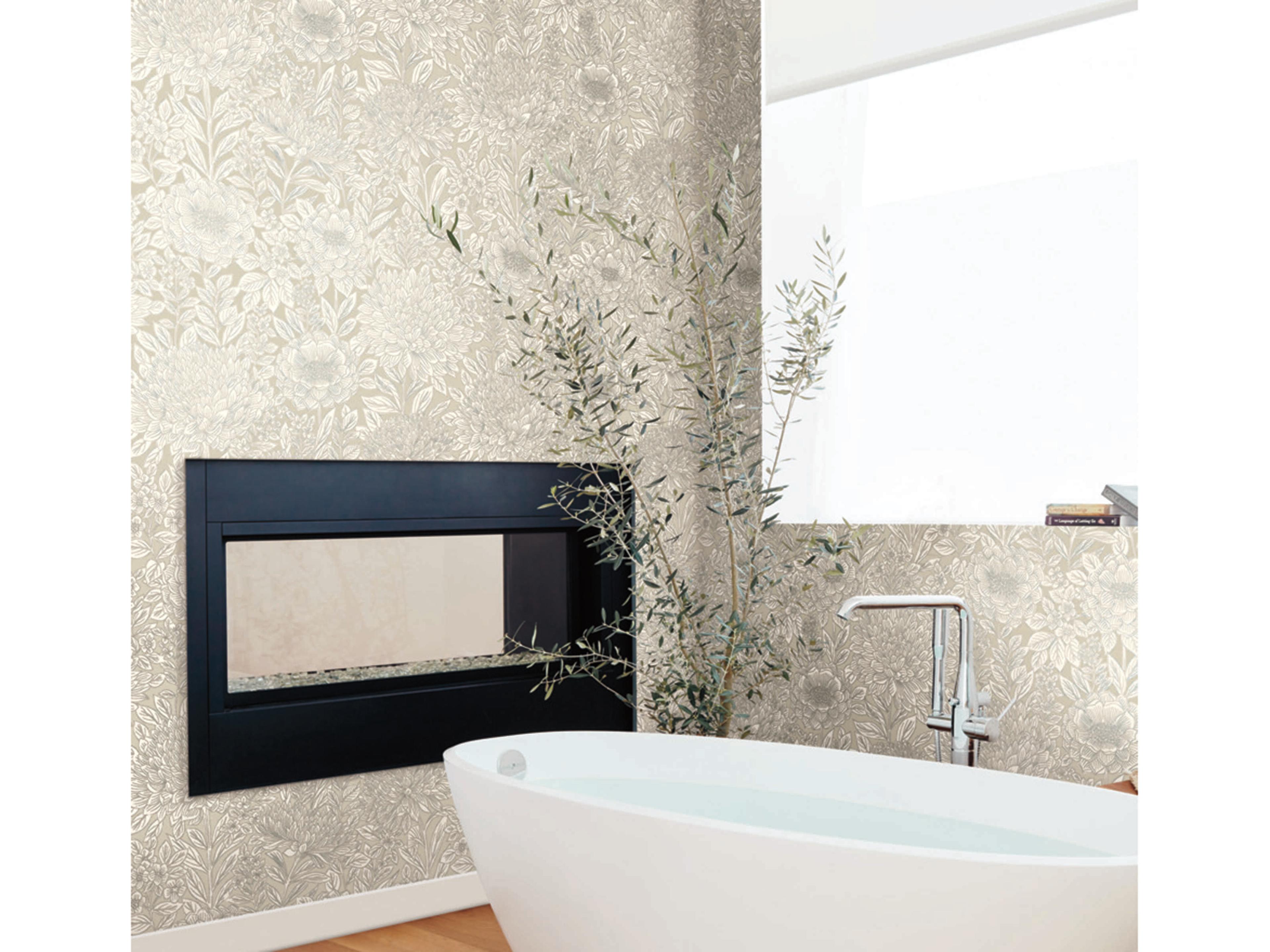 York Wallcoverings Black & White Resource Library Taupe Silver Wood Block Blooms Wallpaper