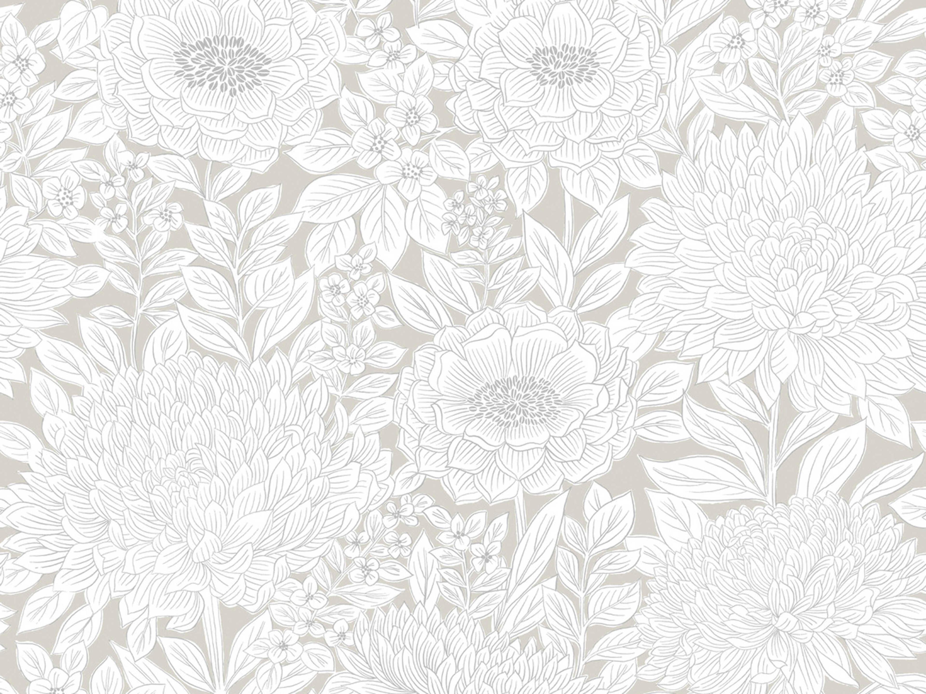 York Wallcoverings Black & White Resource Library Taupe Silver Wood Block Blooms Wallpaper