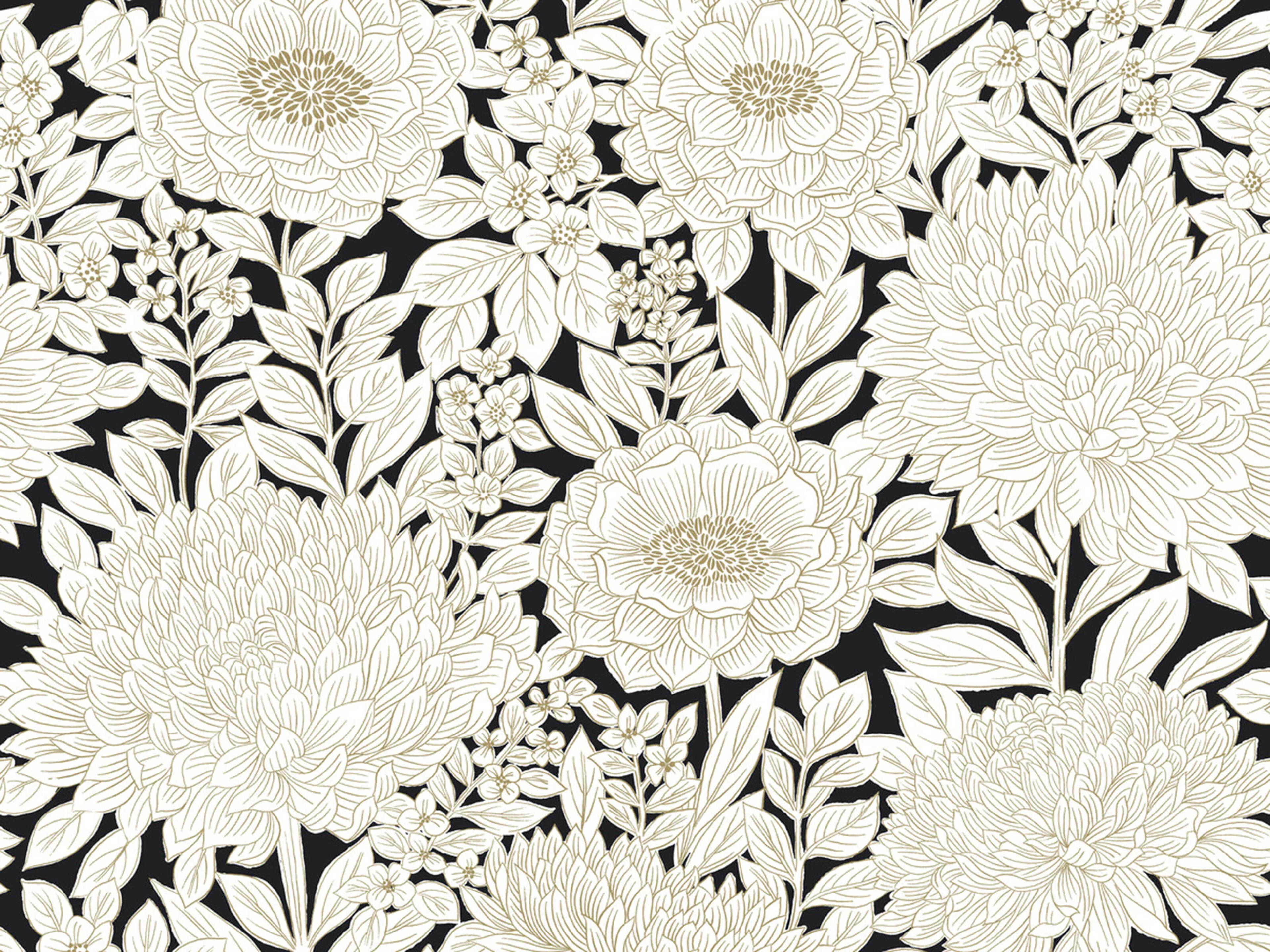 York Wallcoverings Black & White Resource Library Black Gold Wood Block Blooms Wallpaper
