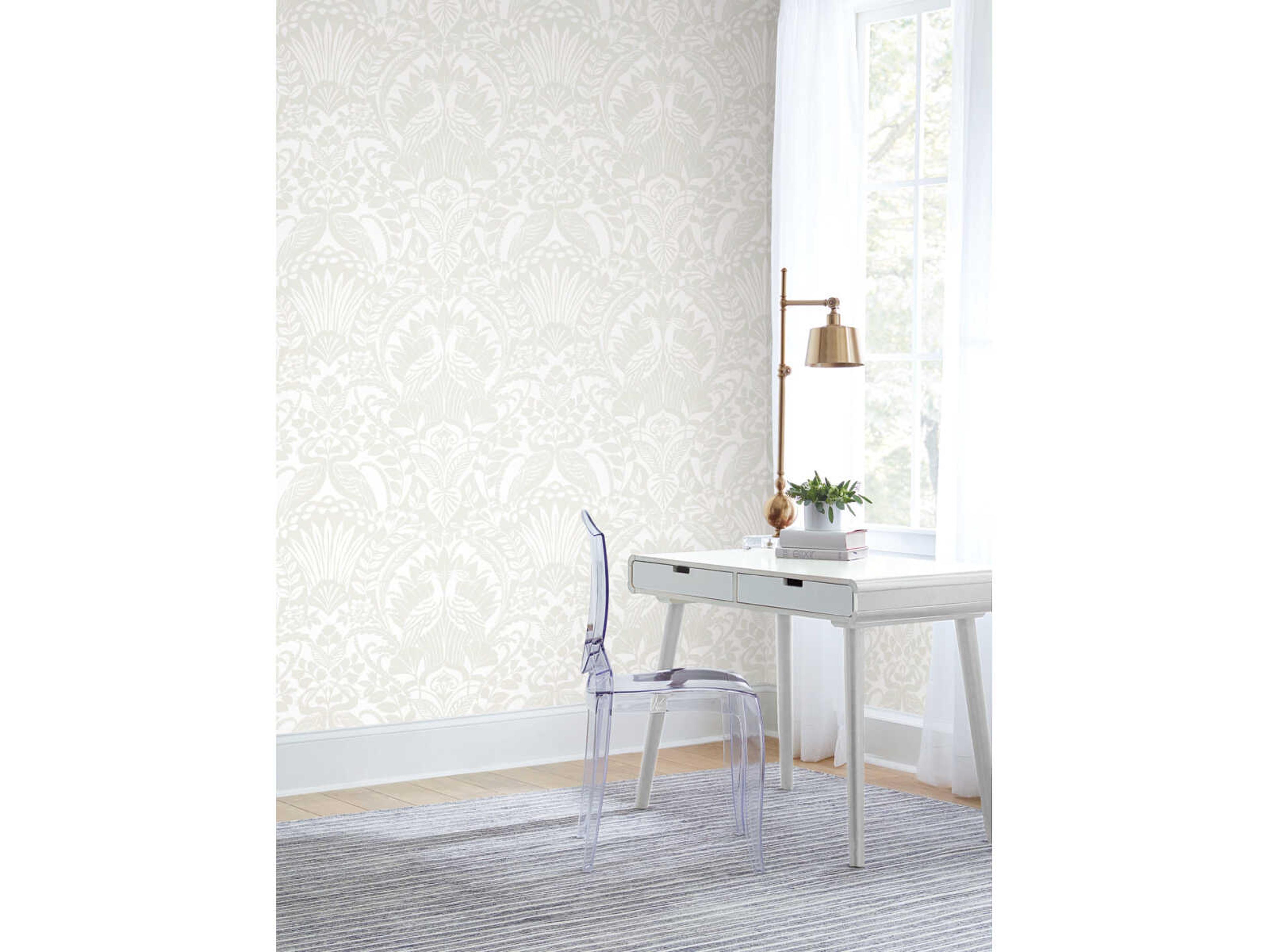 Black & White Resource Library White Cream Egret Damask Wallpaper