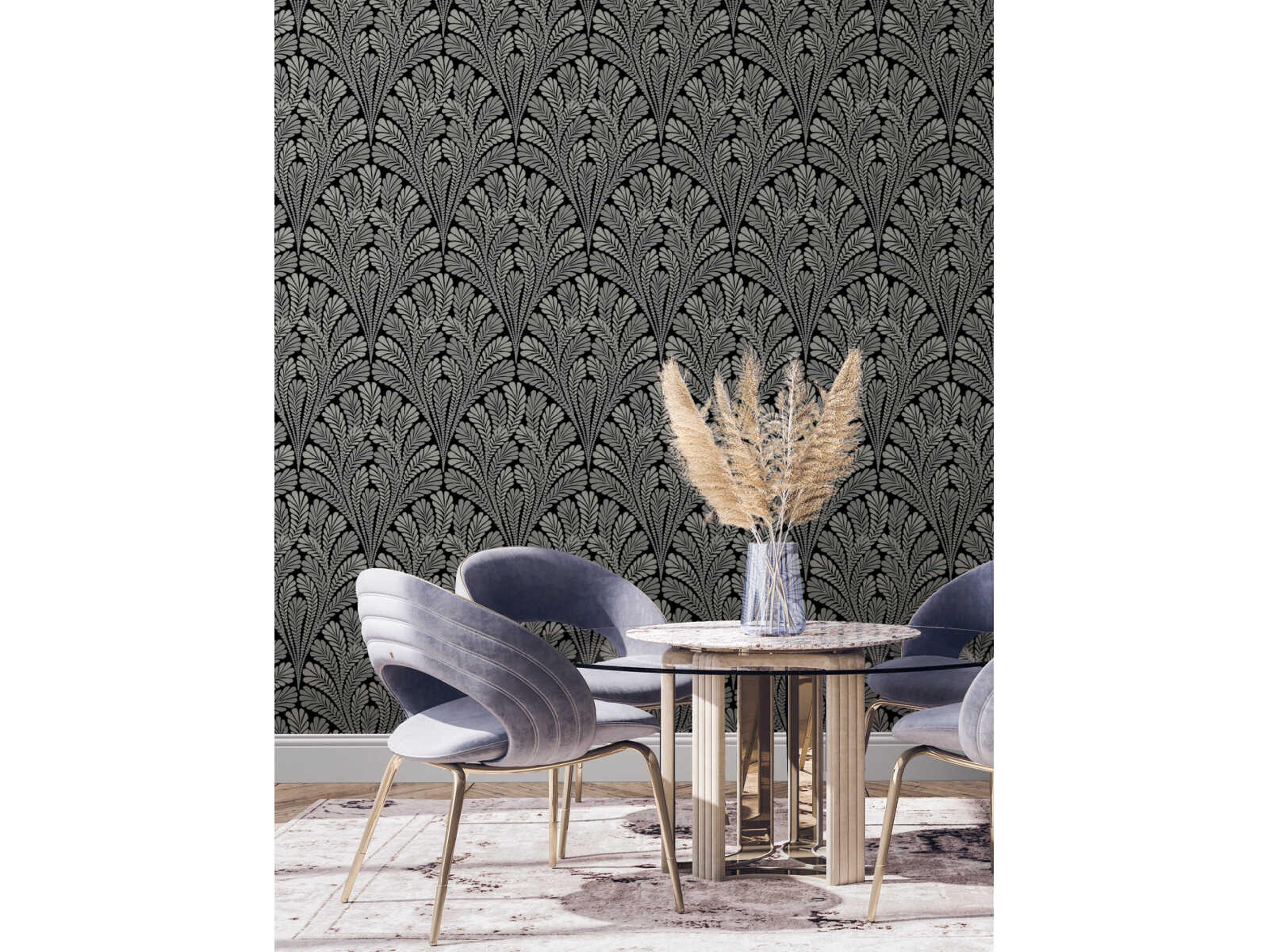 York Wallcoverings Black & White Resource Library Black Shell Damask Wallpaper