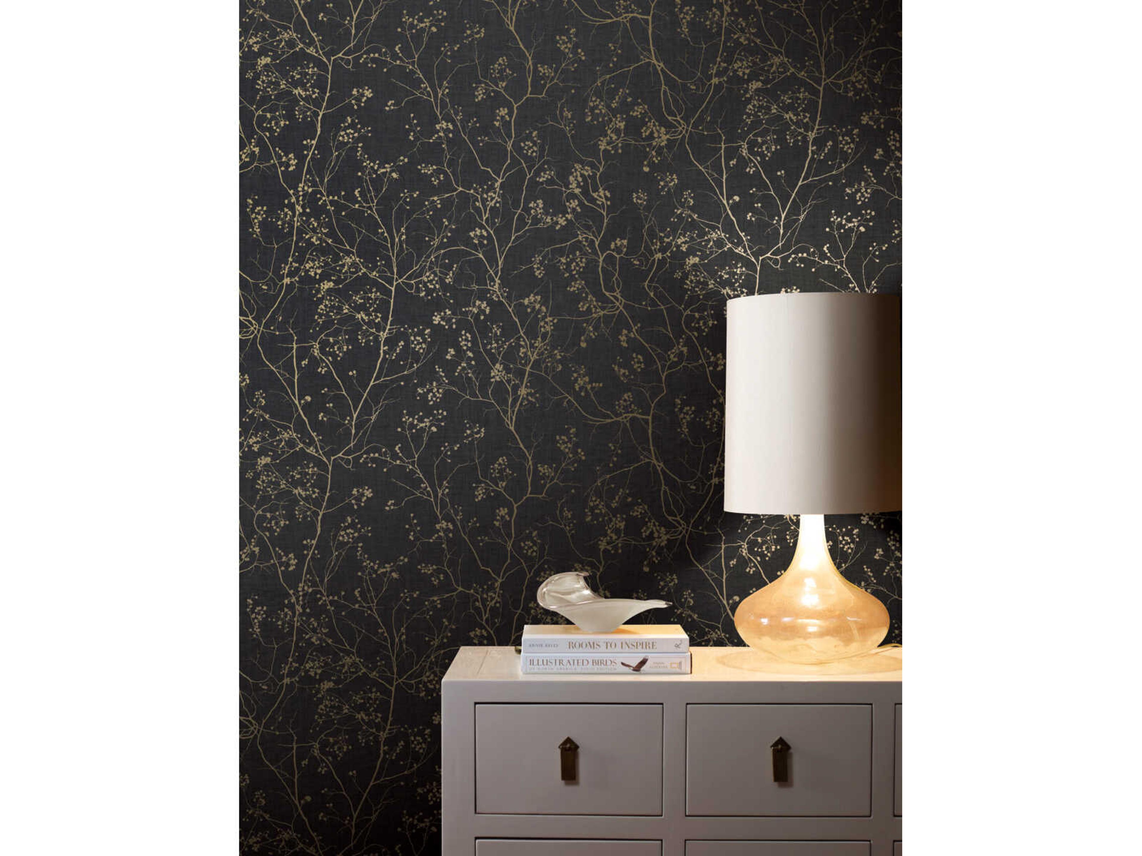 York Wallcoverings Antonina Vella Dazzling Dimensions Volume II Black Gold Luminous Branches Wallpaper