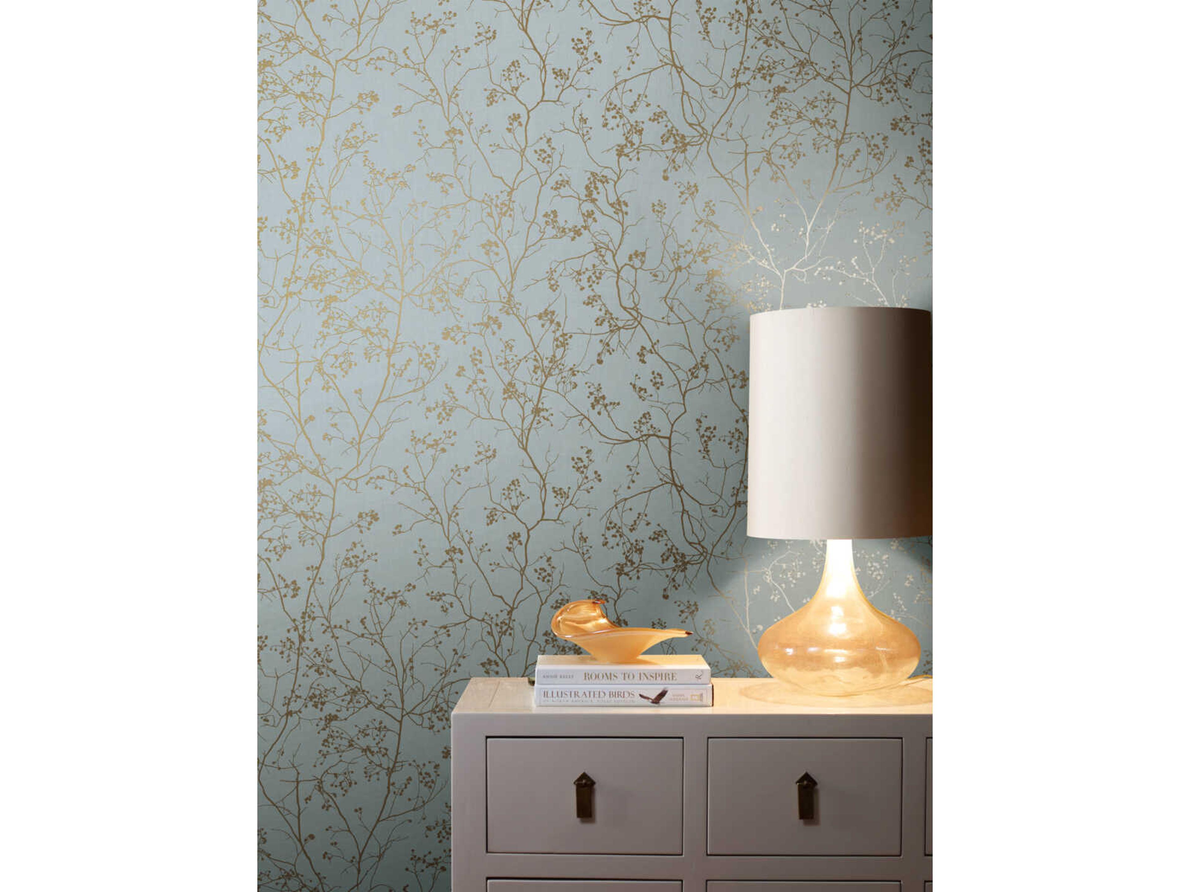 York Wallcoverings Antonina Vella Dazzling Dimensions Volume II Blue Gold Luminous Branches Wallpaper