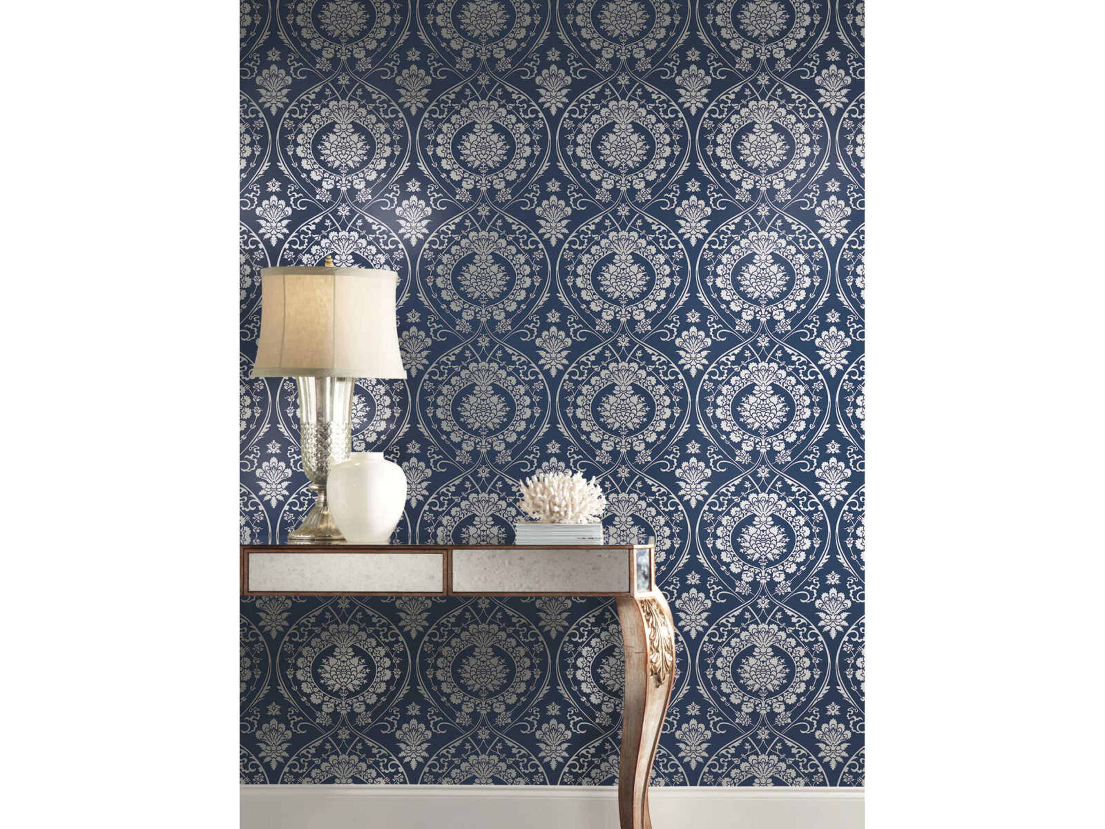 York Wallcoverings Damask Resource Library Navy Silver Imperial Damask Wallpaper