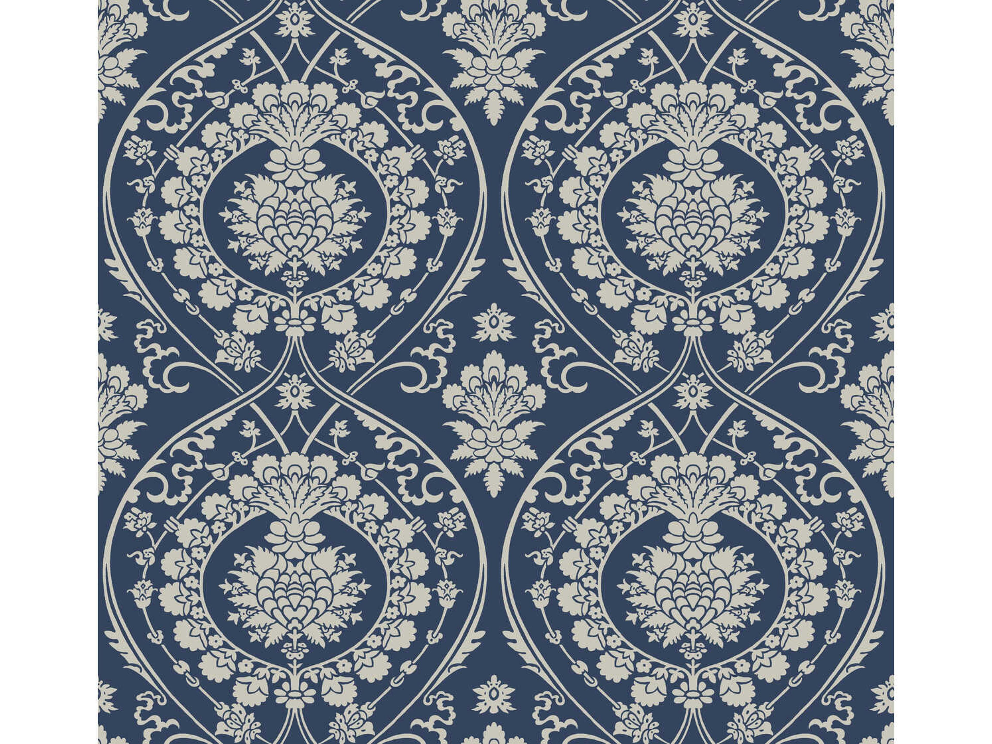 York Wallcoverings Damask Resource Library Navy Silver Imperial Damask Wallpaper