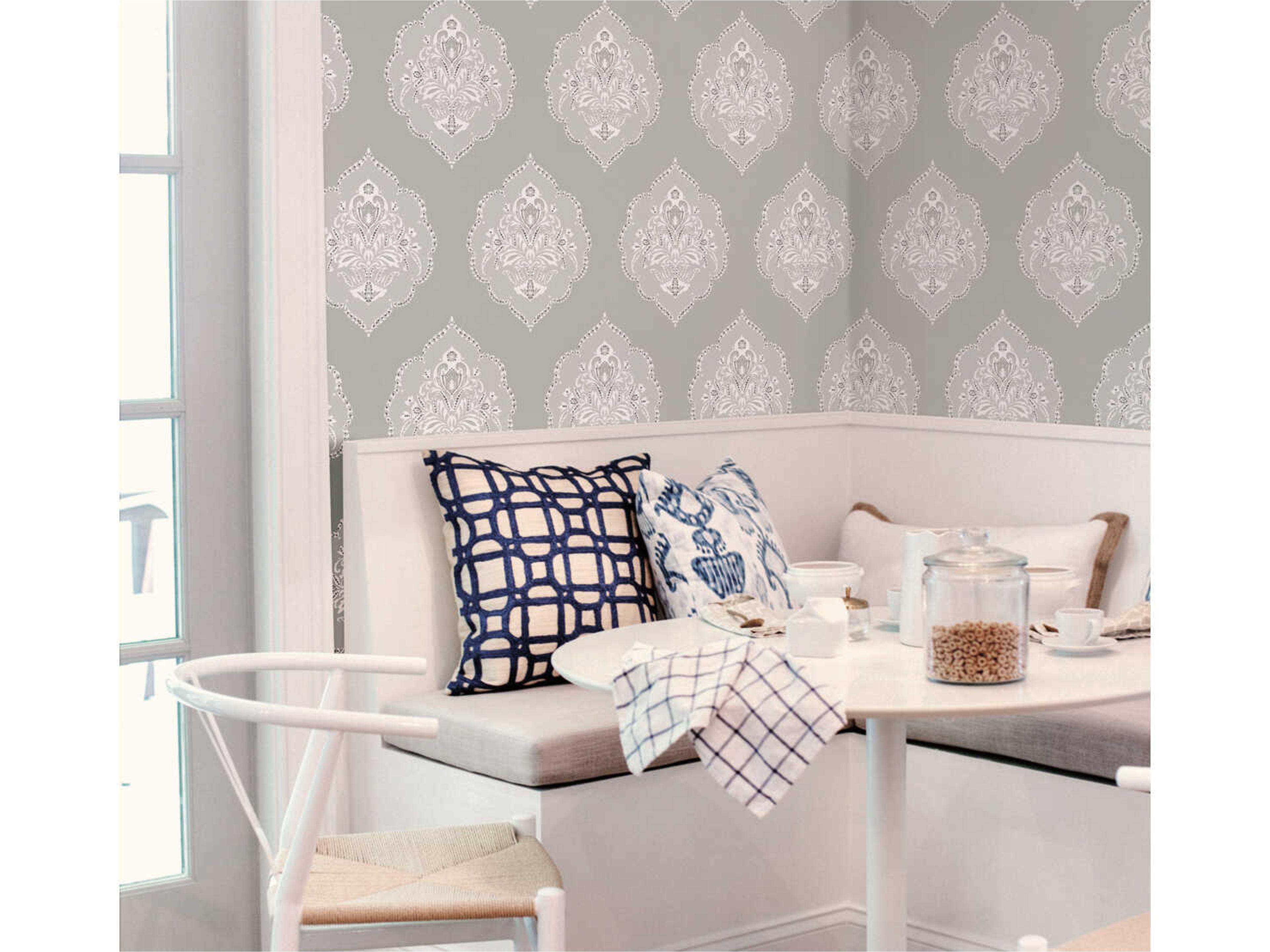 York Wallcoverings Damask Resource Library Grey Signet Medallion Dam Wallpaper