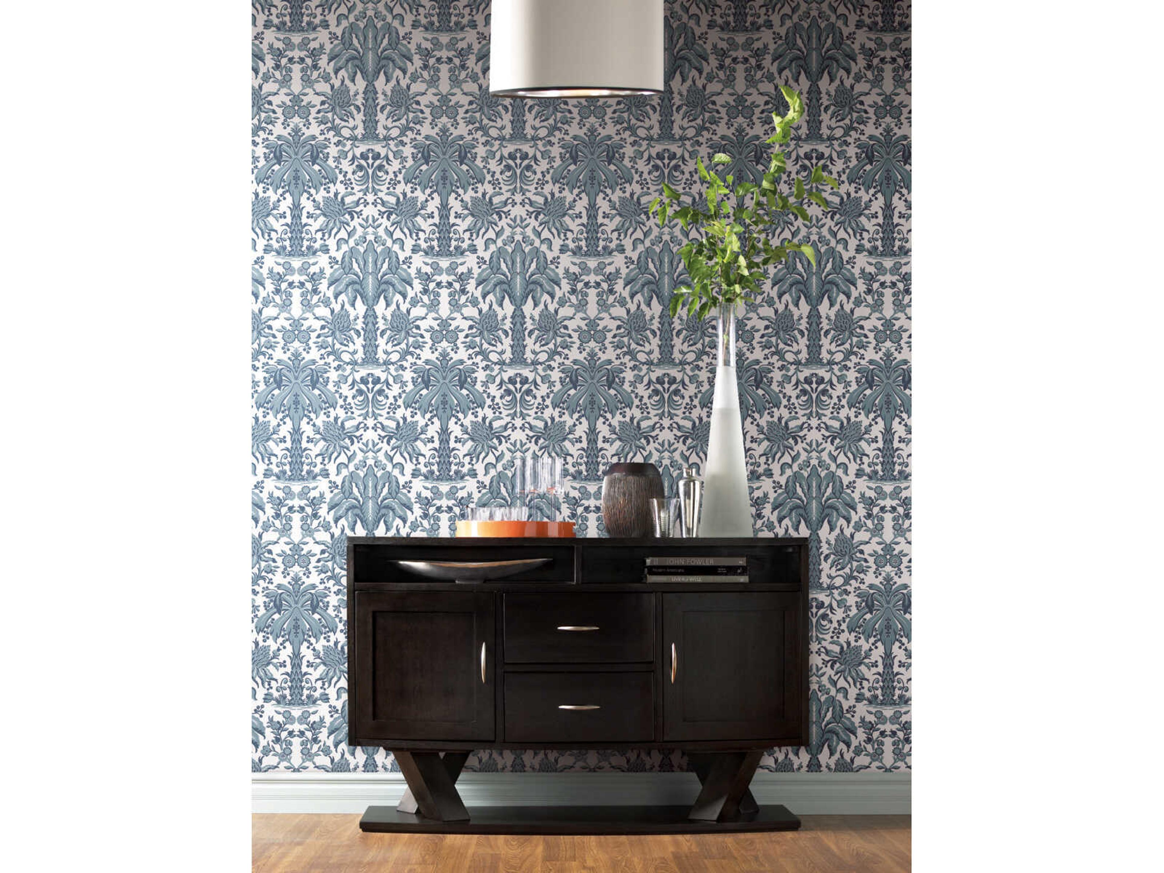 York Wallcoverings Damask Resource Library Blue Palmetto Palm Damask Wallpaper