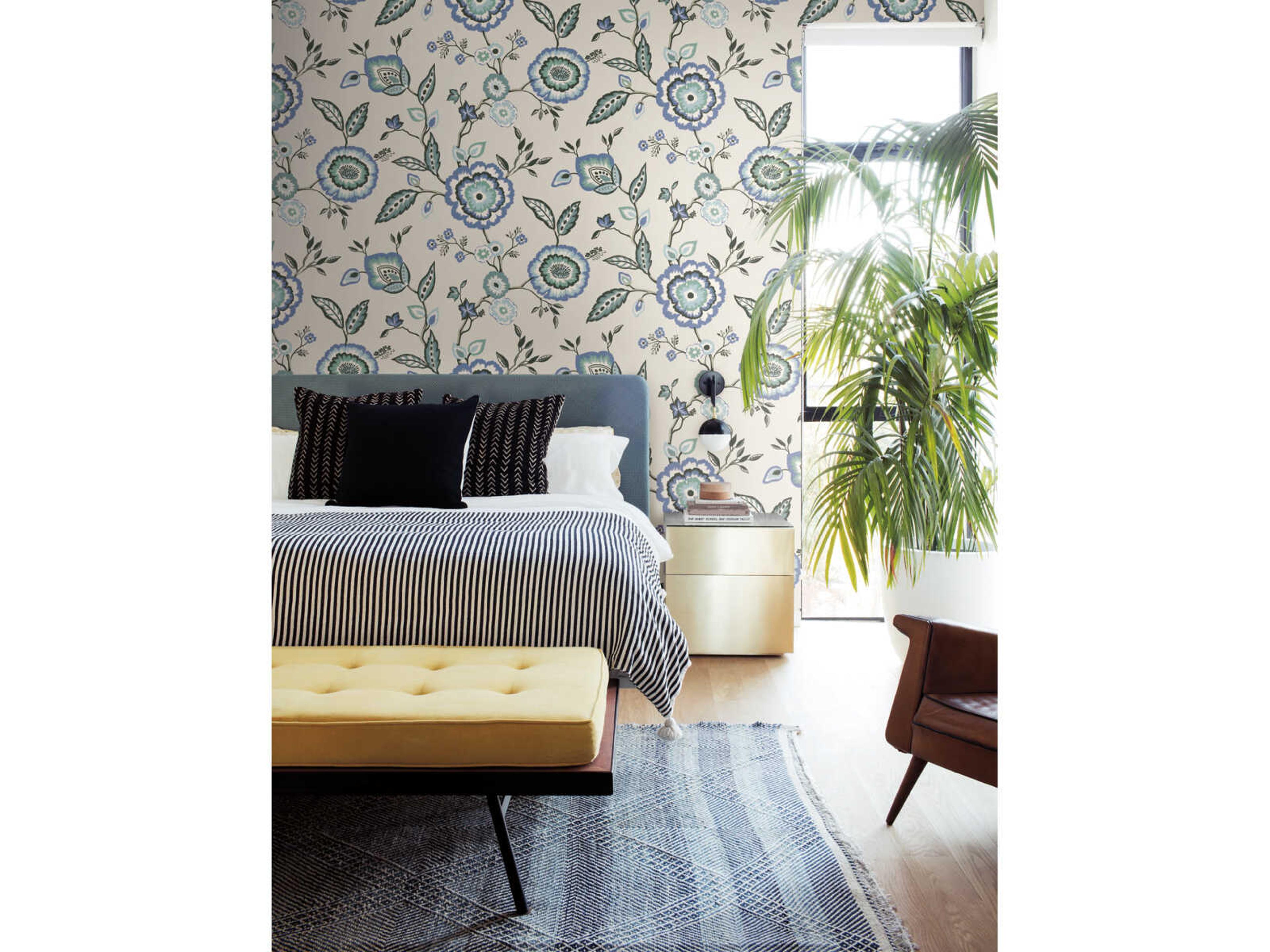 York Wallcoverings Greenhouse Blue White Dahlia Blooms Wallpaper